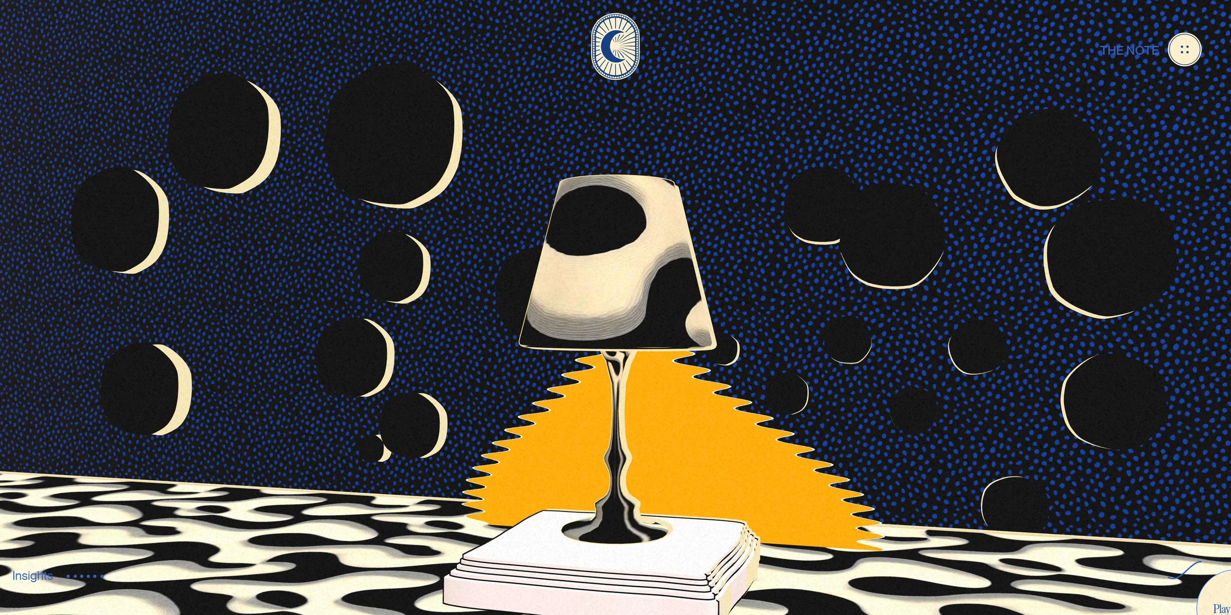 A dark wall is covered in small blue dots, and more than twenty black spheres with cream crescent rims float in front of it. In the middle stands a lamp with a black and cream spotted shade on a stack of white books, throwing a patch of bright yellow light with a jagged edge. The floor is a black and cream blob pattern.