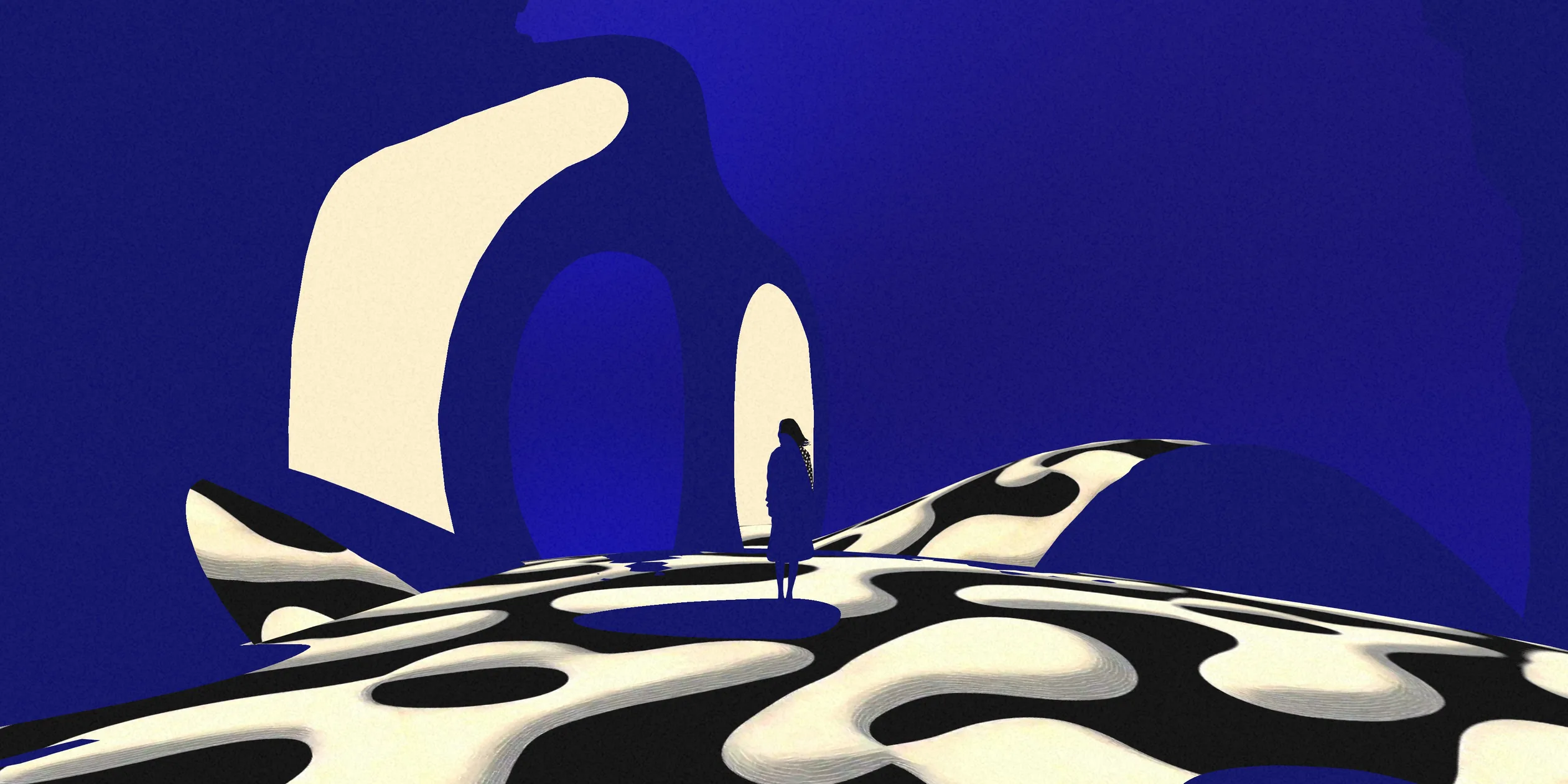 A frame from the opening. Large areas of cream and a few dark blue shapes remain in the upper part, a gradient night sky already shows through a dark blue shape on the right, and a small silhouette of the woman stands in a glowing arch in the middle. The spotted dunes have grown across most of the lower half, and one dark blue shape at the lower left has not been replaced yet.