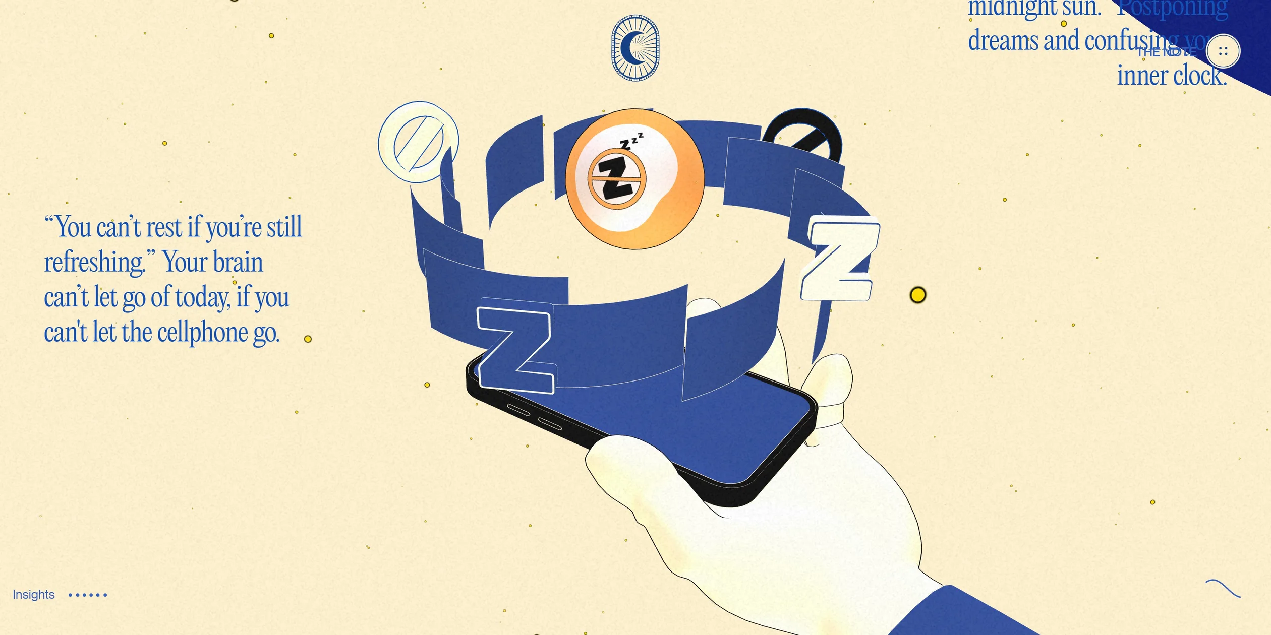 On a cream background a hand holds up a phone. A curved blue band with two Zs on it circles above the screen, and an orange ball printed with a Z and a no-entry sign float nearby. On the left is a serif quote starting with You can't rest if you're still refreshing, and the end of another quote shows at the upper right.