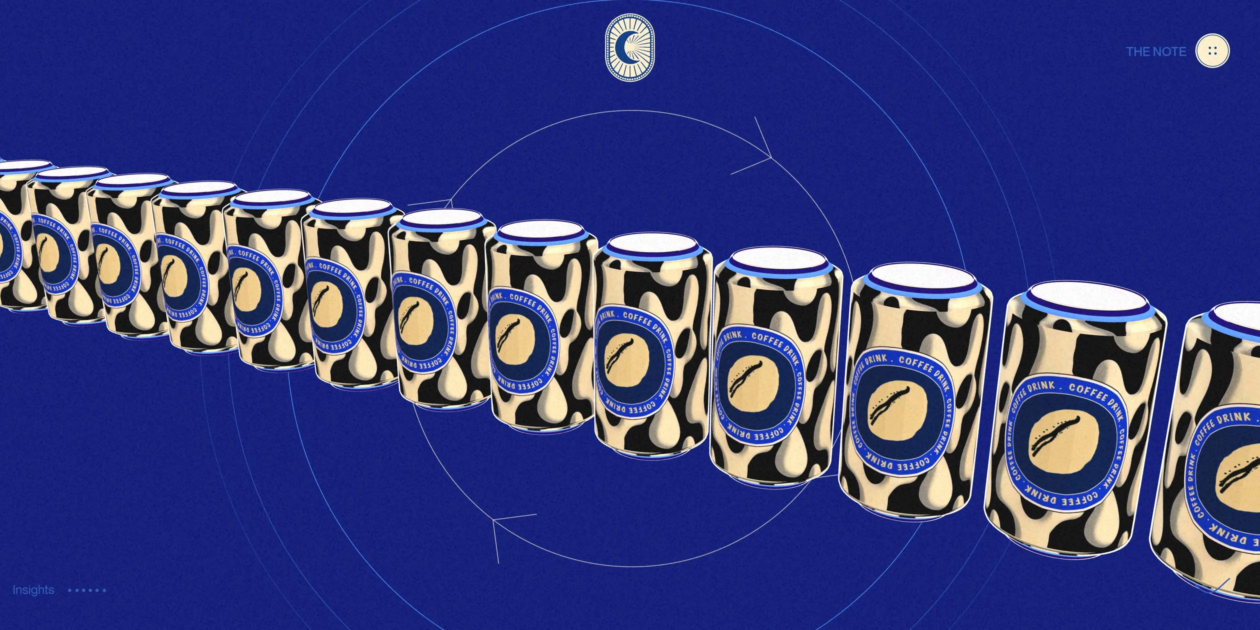 On a dark blue background a long row of coffee cans with black and cream blobs and a round COFFEE DRINK label runs diagonally from the lower left to the right, with a few thin rings with arrowheads behind them.