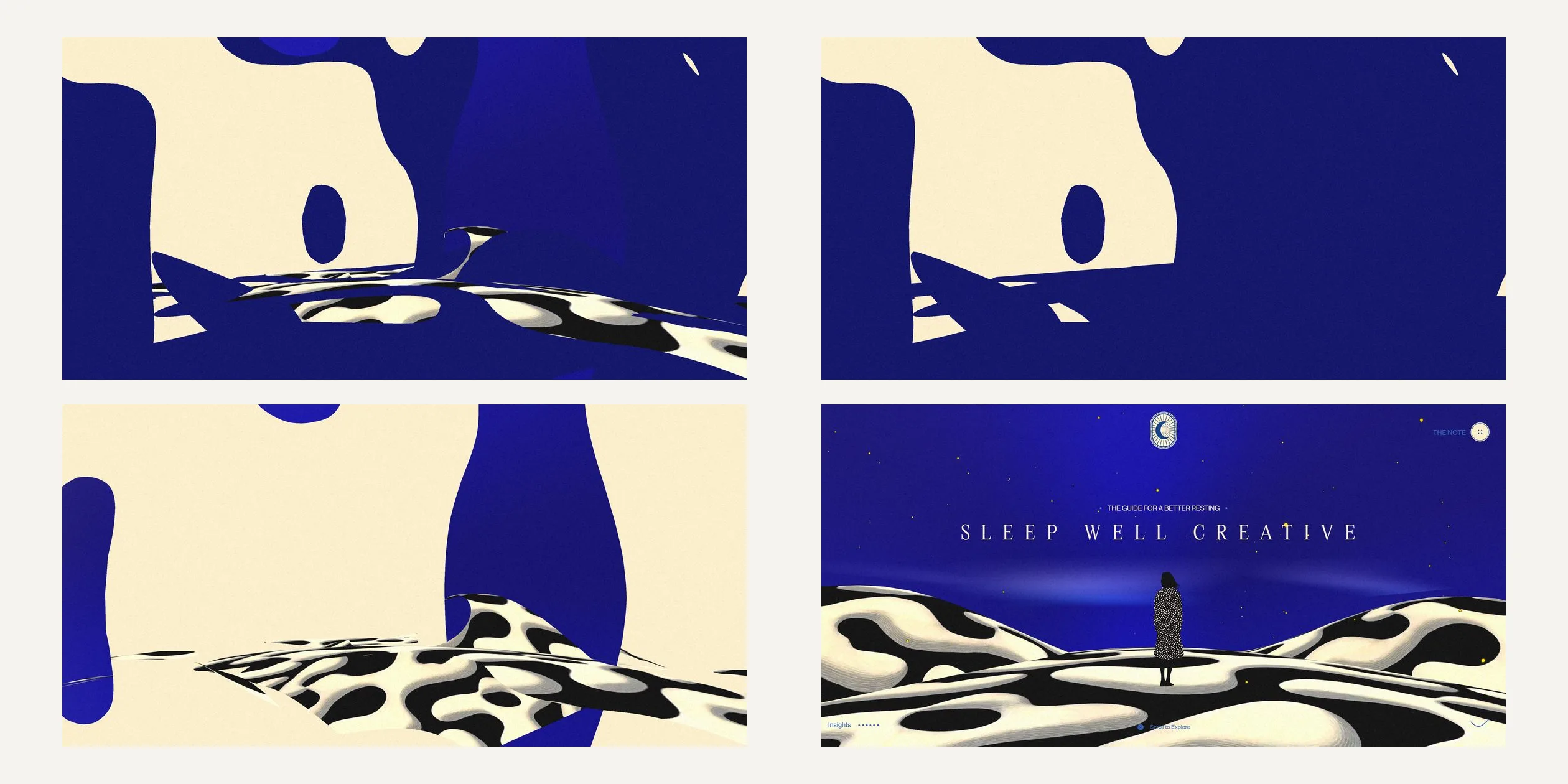 Four frames pulled apart after pausing the opening, the first three from the same moment. Top left is what the visitor actually sees, with dark blue shapes and spotted dunes interleaved. Top right keeps only the dark blue copy, which has already grown across most of the frame. Bottom left keeps only the real model, with the spotted dunes and a dark blue column only partly grown and the cream of the page showing everywhere else. Bottom right is the settled frame after the opening ends