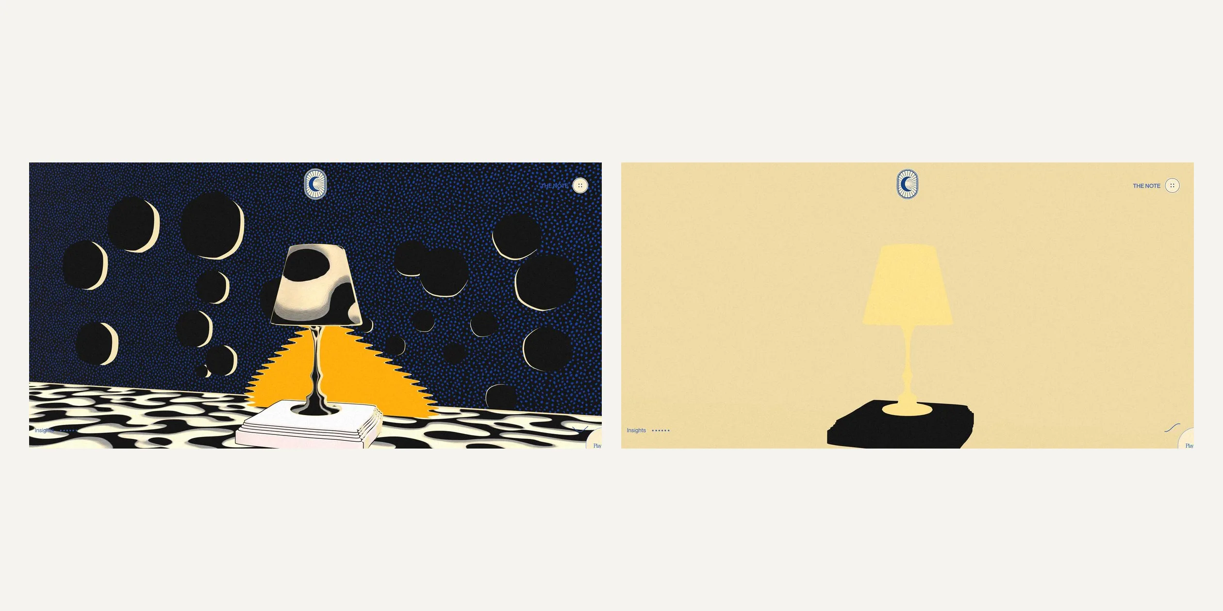 On the left is the lamp scene as it normally looks. On the right only the outline shells are shown and every other model is hidden, and each shell appears as one flat filled silhouette: the lamp is a pale yellow silhouette, the books under the lamp are a black silhouette and the background is a wide field of pale yellow