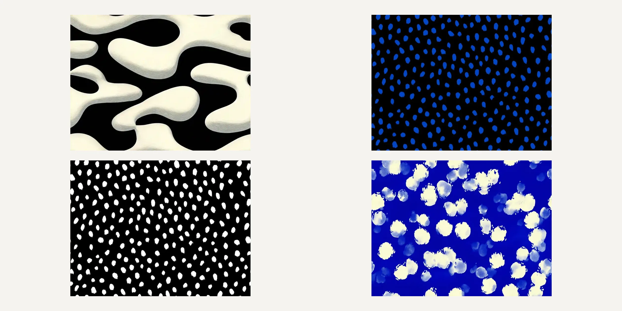 Four of the site's own textures, each 1232 by 928 pixels. Top left is the black and cream blob pattern used on the dunes and the coffee cans, with soft raised edges painted onto every blob. Top right is the blue dot pattern on the wall of the lamp scene. Bottom left is the white dot pattern of the woman's coat. Bottom right is the cream blots on ultramarine from the walls of the woman's room