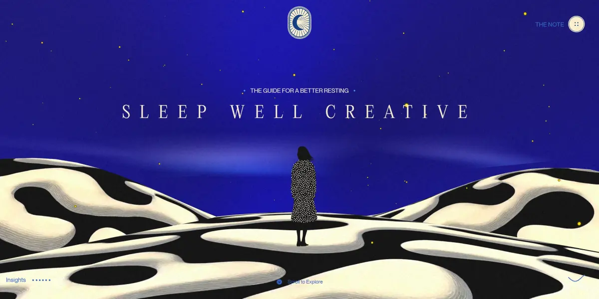 斑点沙丘上穿白点黑外套的女人和标题 SLEEP WELL CREATIVE