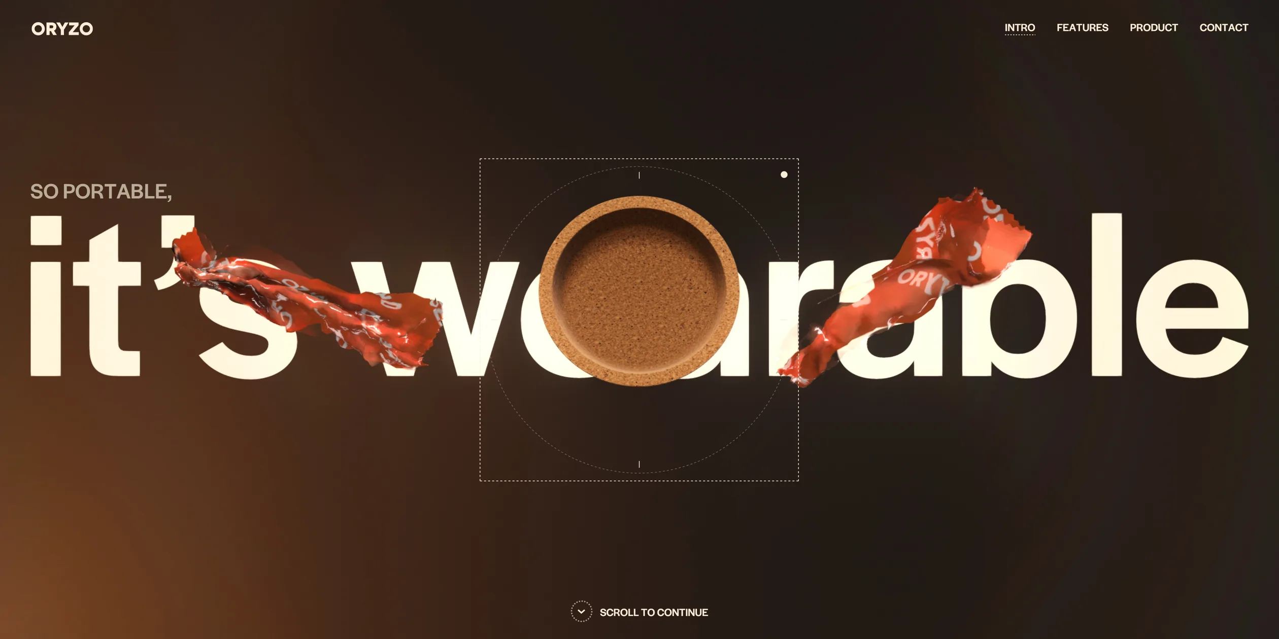 On a dark brown background, the huge cream words it's wearable have their e and a covered by a cork coaster. The torn pieces of an orange ORYZO wrapper curl away from the coaster to the left and right, and a thin dashed viewfinder frame surrounds the coaster, with SO PORTABLE above the words on the left