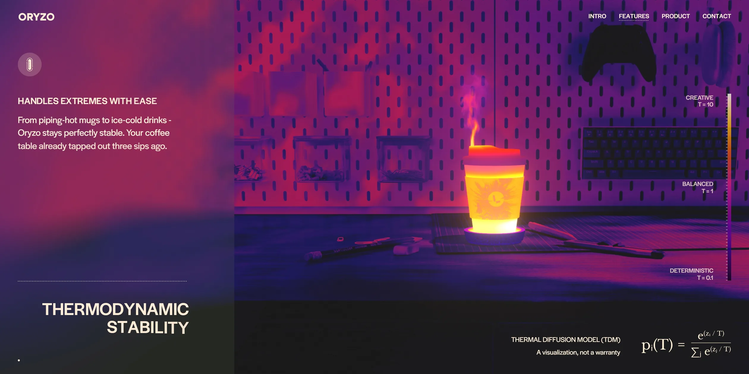 In thermal view the desk and the pegboard behind it turn purple and pink, with the keyboard and the game controller as dim outlines. The lidded coffee cup glows yellow and orange with a wisp of pink steam above it. The left column reads HANDLES EXTREMES WITH EASE above the heading THERMODYNAMIC STABILITY, a vertical scale on the right is marked CREATIVE T = 10, BALANCED T = 1 and DETERMINISTIC T = 0.1, and a temperature formula sits in the lower right