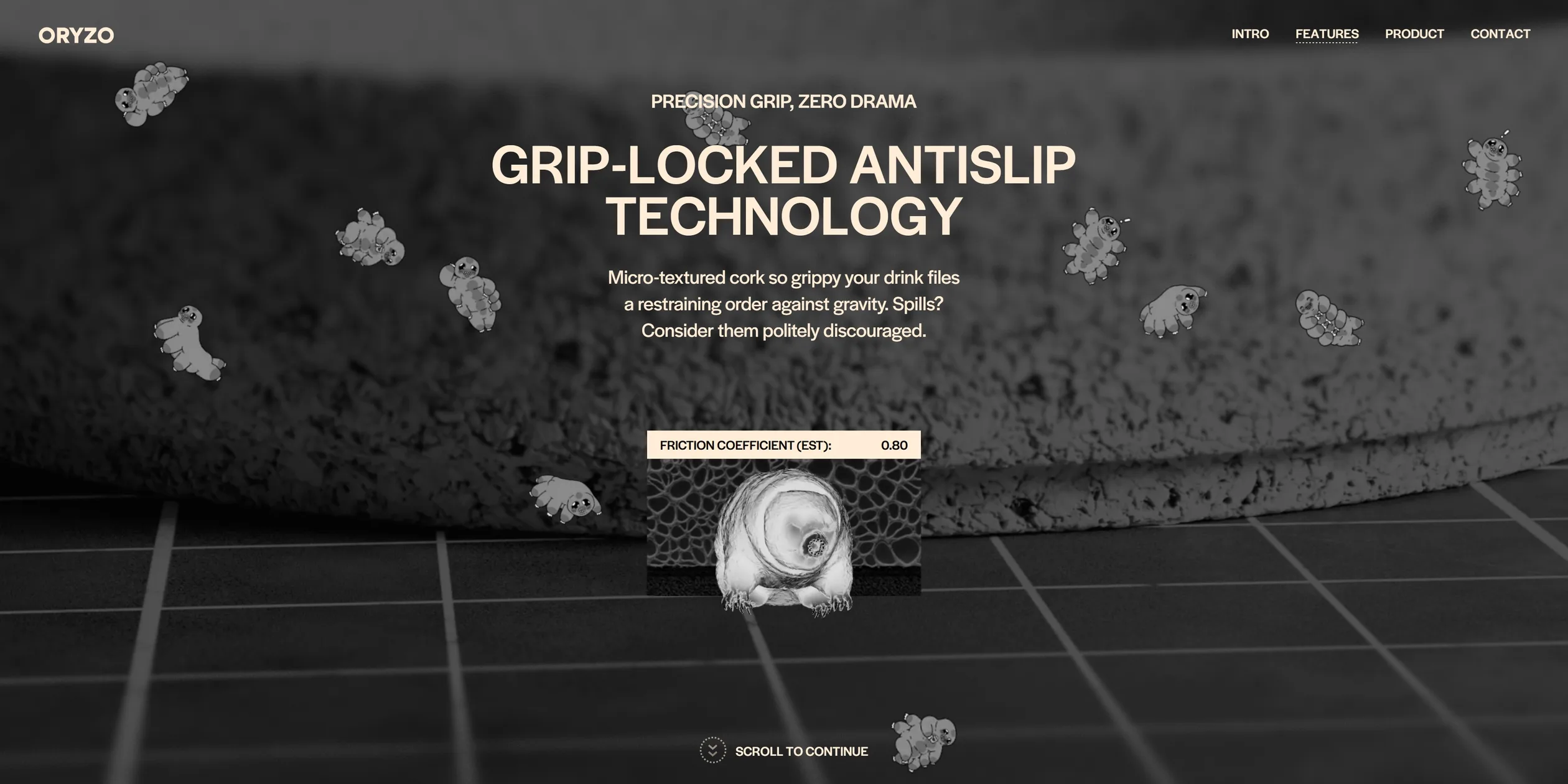 In the black and white close-up of the coaster's cork edge, a white 3D water bear has popped out of the microscope window labelled FRICTION COEFFICIENT (EST): 0.80. A dozen smaller grey water bears drift across the screen around the heading GRIP-LOCKED ANTISLIP TECHNOLOGY