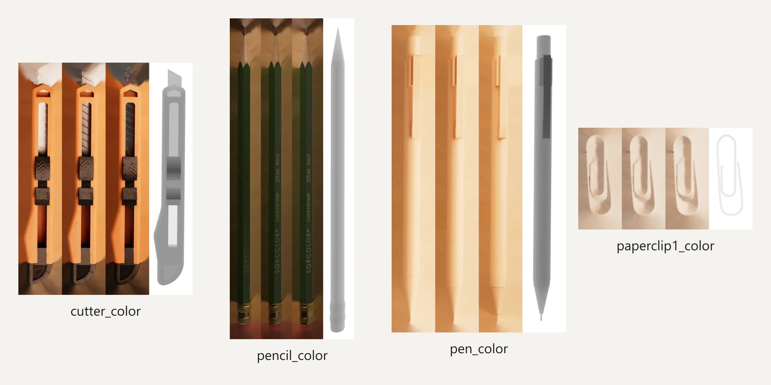 The site's own images for four of the first screen's props, each a strip of four: three versions rendered in advance under slightly different light, and a height map in the fourth. As a pushed prop wobbles, the code blends the two nearest of the three lit versions, and the height map tells the shader how high each part of the prop stands above the desk