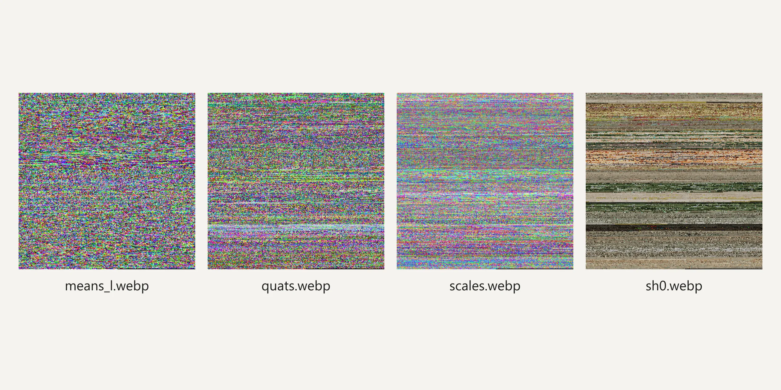 Four of the images inside the site's props splat file, a zip that holds seven WebP images and a JSON file, enlarged without smoothing. Each image is 260 pixels square and each pixel stores one of the 67,486 points, the four holding the lower bits of its position, its rotation, its size and its base colour, in which the props' green and orange show. The view-dependent colour sits in a larger image that takes up most of the file