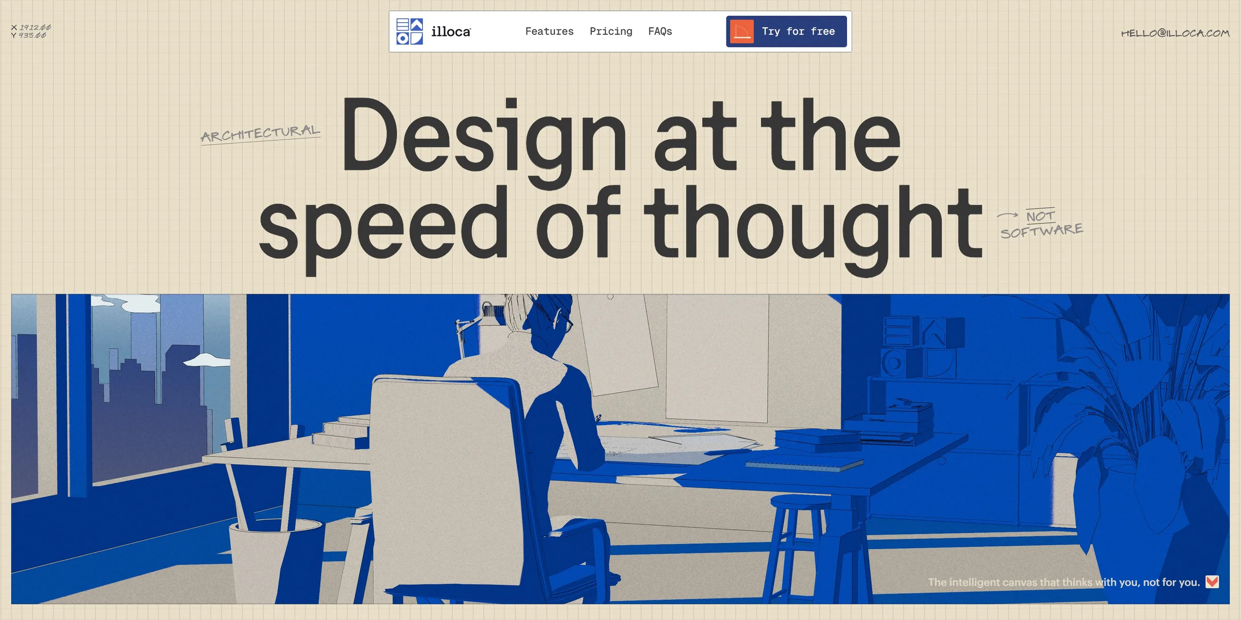 A sheet of beige grid paper fills the first screen, with the headline Design at the speed of thought, handwritten notes reading ARCHITECTURAL and NOT SOFTWARE on either side, and a wide window below showing an architect at a desk by a city window, drawn in cobalt and beige