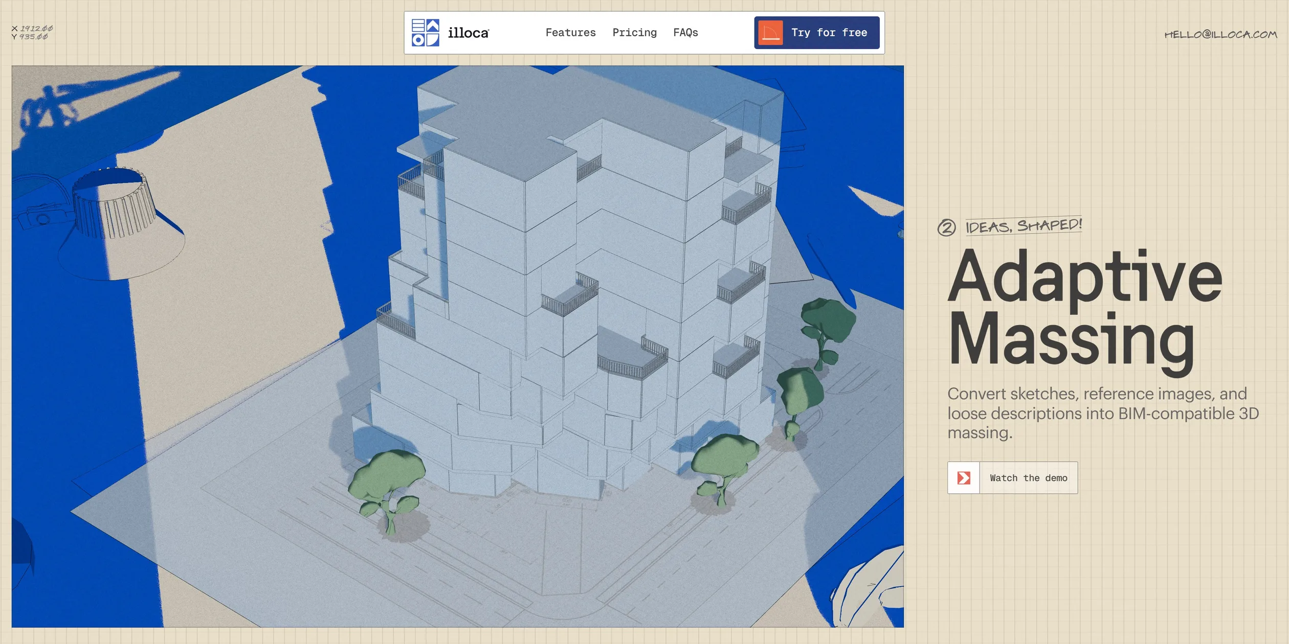The Adaptive Massing section, with the window on the left showing a pale blue building of staggered storeys and balconies standing on the tracing paper, a few green trees around it and the lamp's shadow as a large cobalt shape, and the number, the handwritten slogan IDEAS, SHAPED! and the title on the right