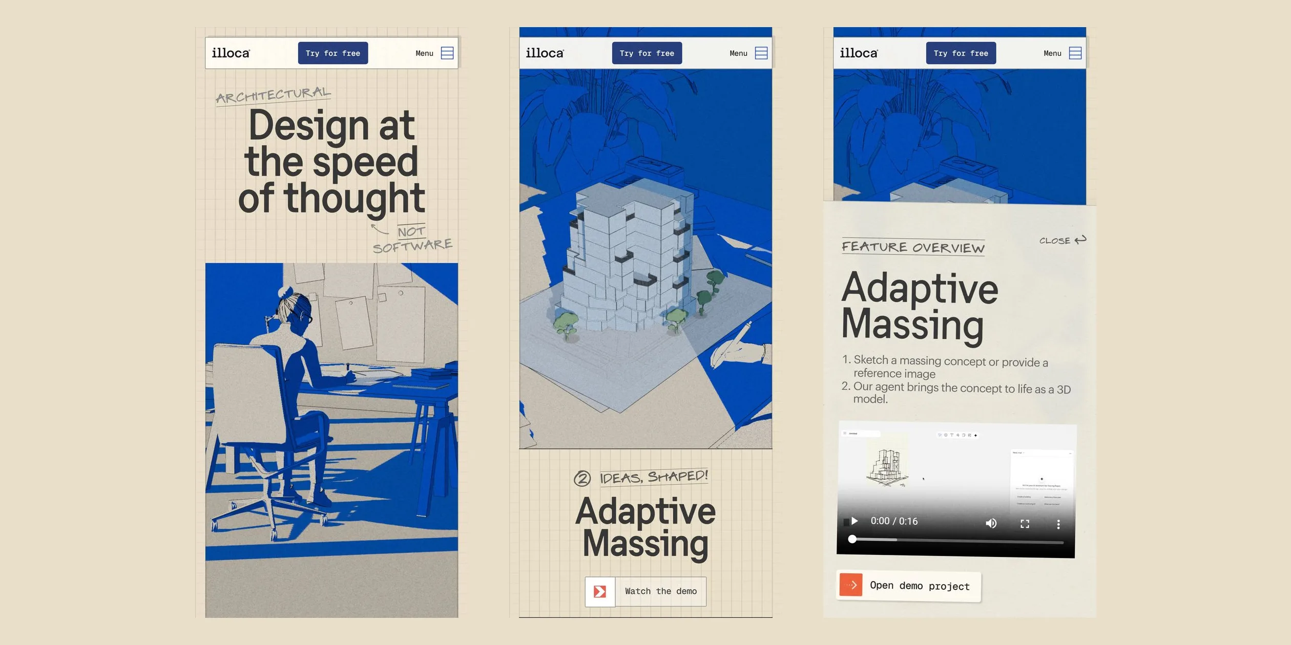 Three phone screenshots side by side, the first screen with the headline on three lines above a tall window showing the architect, the Adaptive Massing section with the building above and the text and Watch the demo button below, and the demo panel open against the bottom of the screen with two steps, a 16-second recording and the Open demo project button
