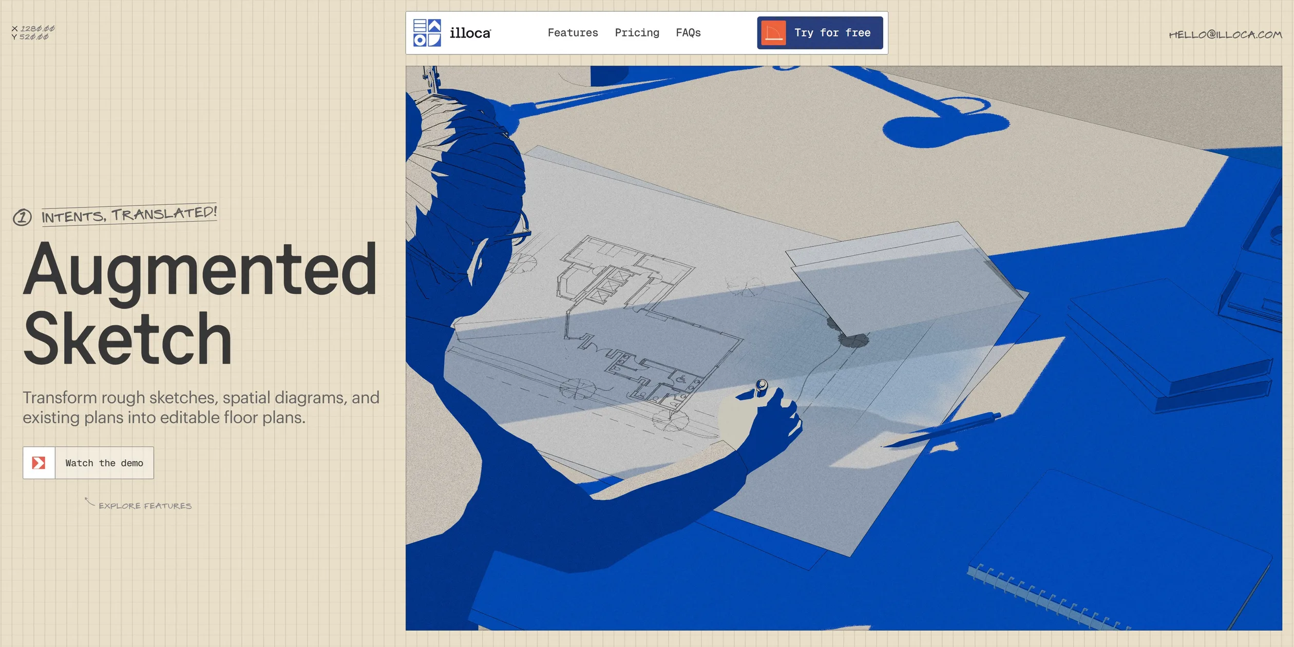 The Augmented Sketch section, with the number, handwritten slogan, title and Watch the demo button on the left, and on the right the architect holding the tracing paper, half of which is still a pencil sketch while a patch towards the lower right already shows a clean plan with a grid and dark trees