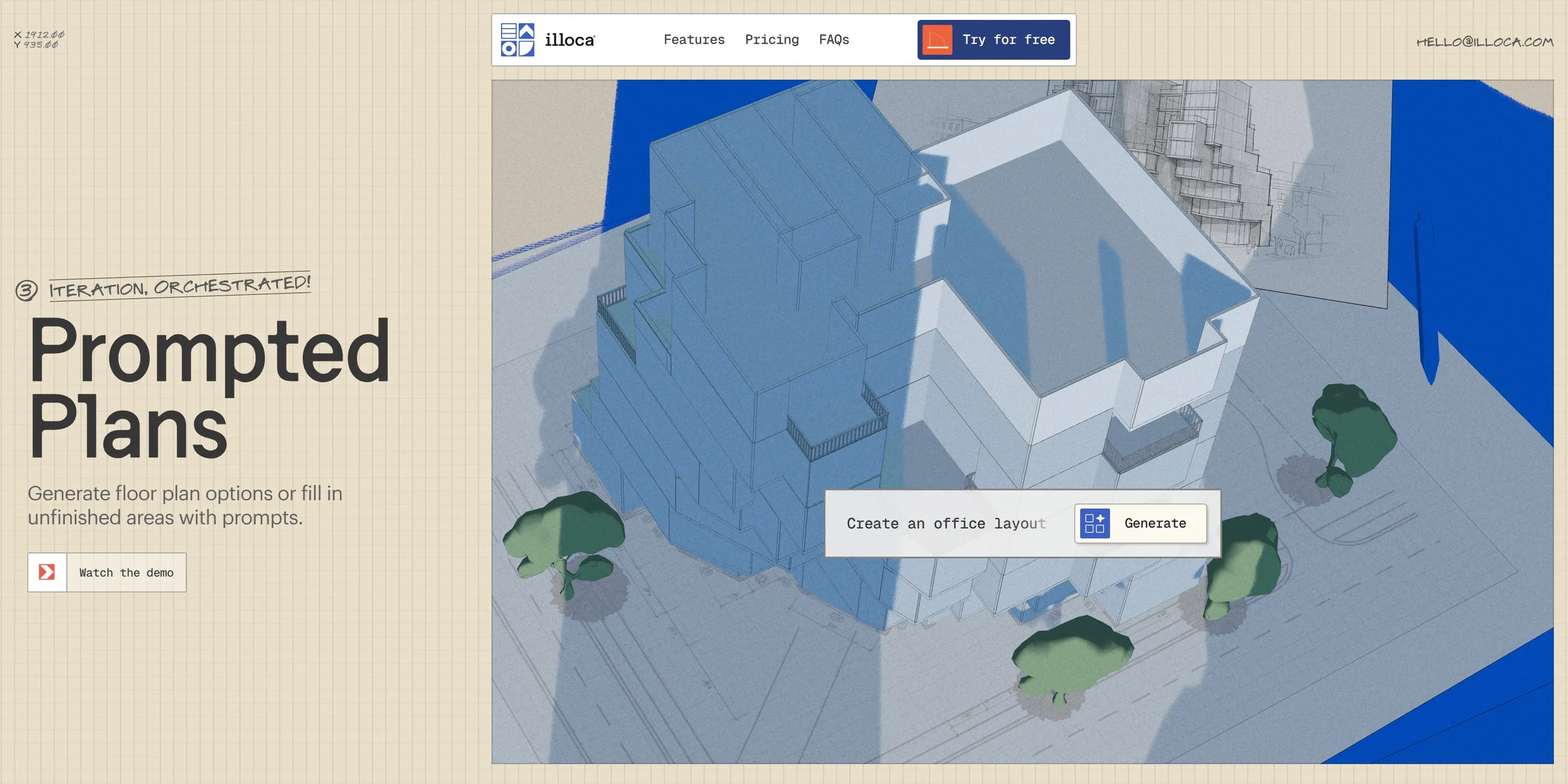 The Prompted Plans section, with the top of the building cut open in the window and a white prompt box floating in front of it that has already typed Create an office layout, next to a Generate button with an icon