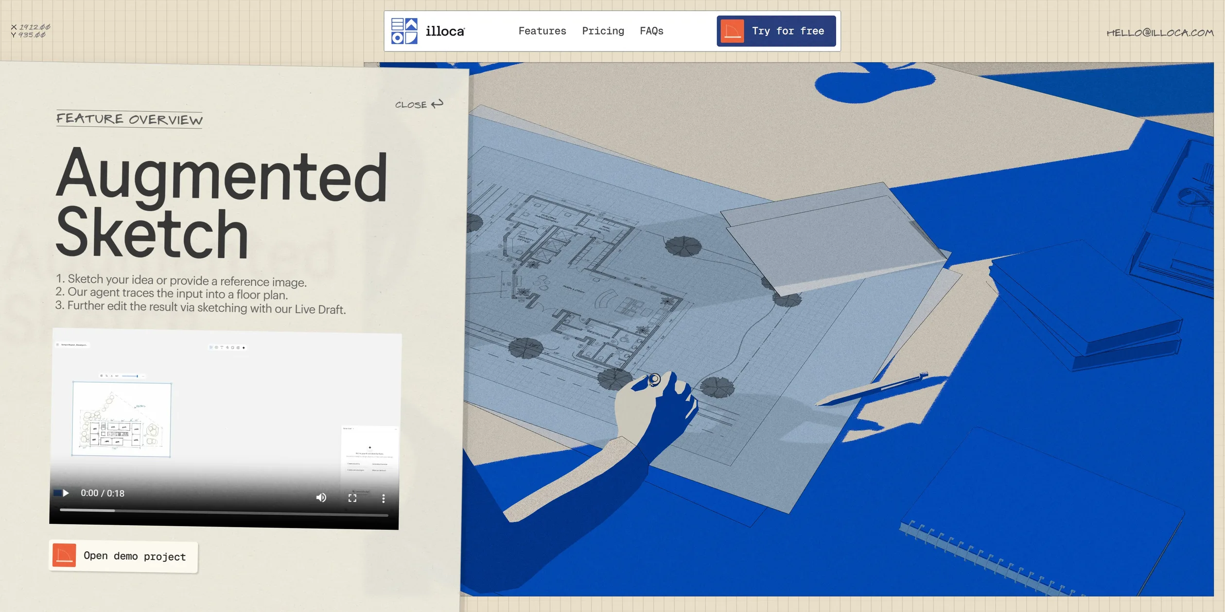 The Augmented Sketch demo panel open, with a slightly tilted off-white sheet covering the text column on the left, carrying handwritten FEATURE OVERVIEW and CLOSE, three steps, a recording paused at its start and an Open demo project button with an orange icon, while the window on the right still shows the desk and the tracing paper