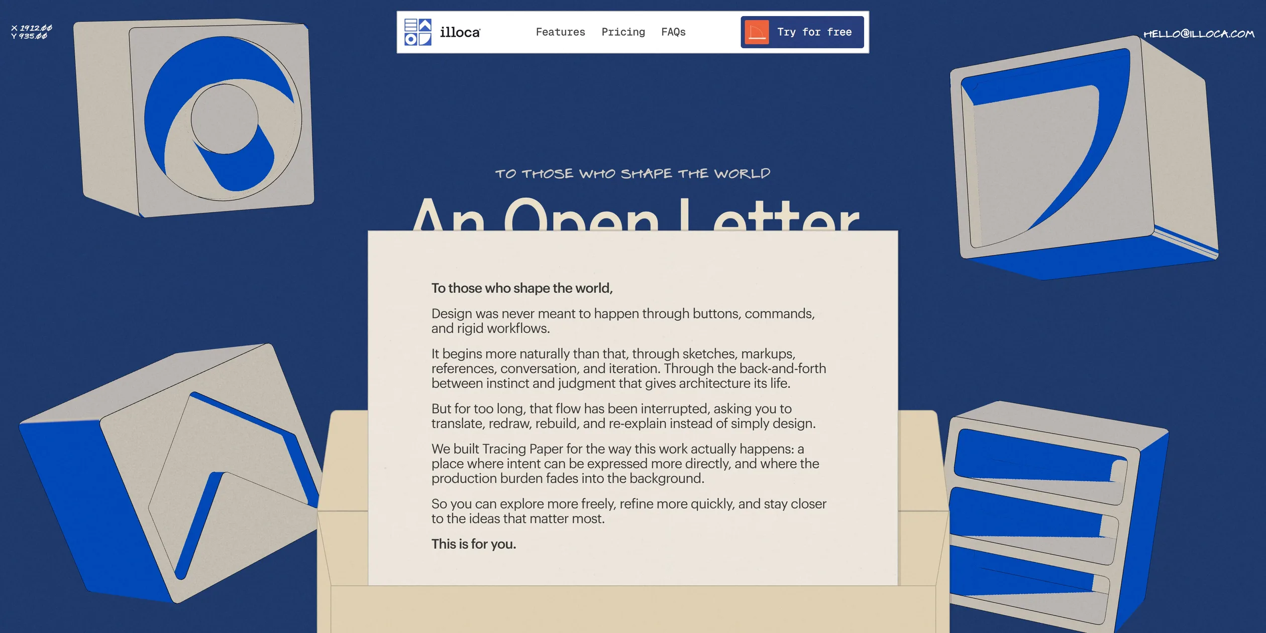 The open letter section, with four beige and cobalt blocks floating on a navy background, carved with the circle, quarter circle, triangle and lines of the logo, and a letter pulled from an envelope in the middle that covers the lower half of the An Open Letter title