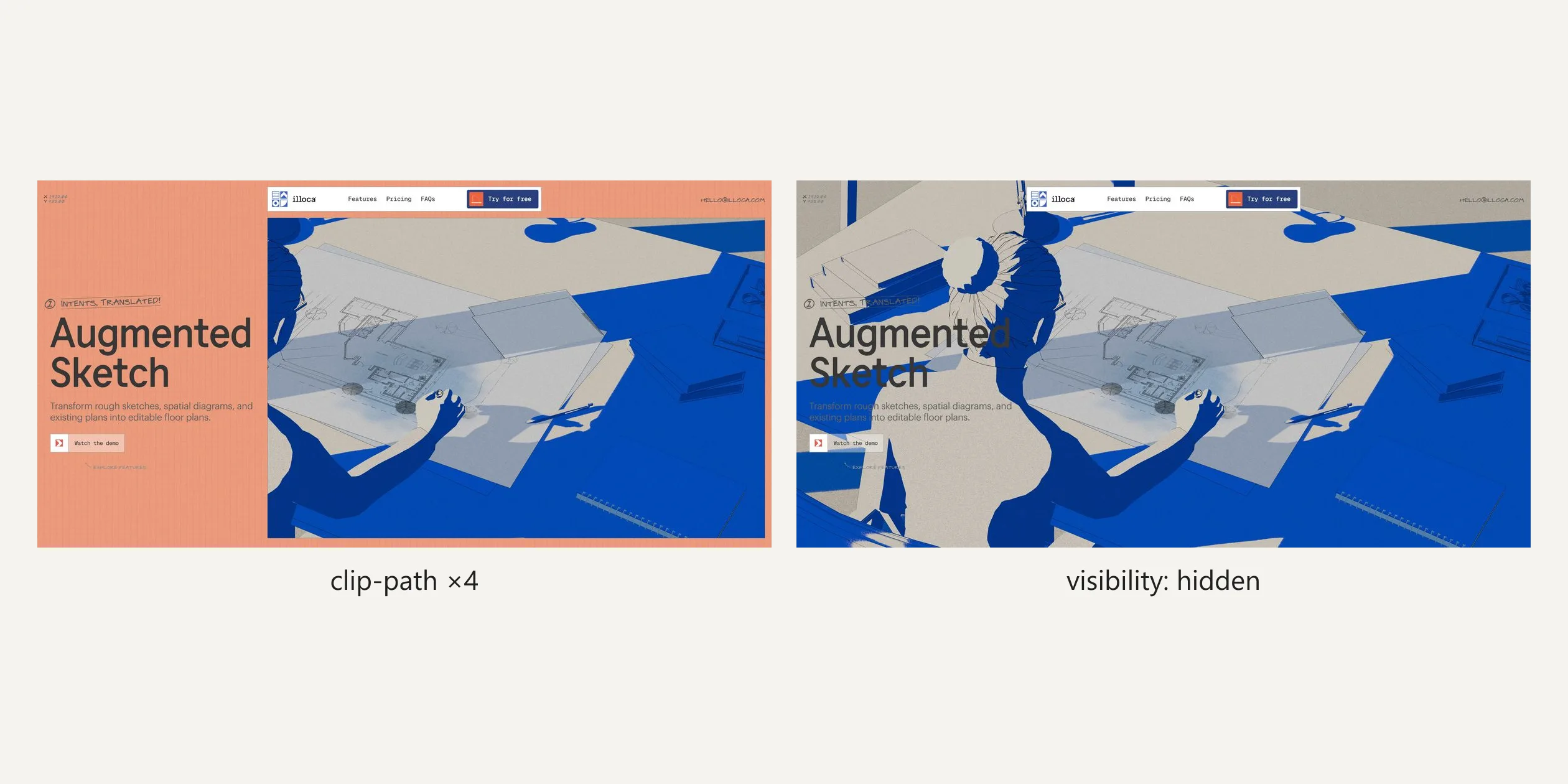 The same Augmented Sketch moment with the four page panels over the canvas tinted orange (left) and hidden (right). The orange areas are the paper around the window, and without them the canvas turns out to fill the whole screen, with the text column sitting directly on the 3D picture