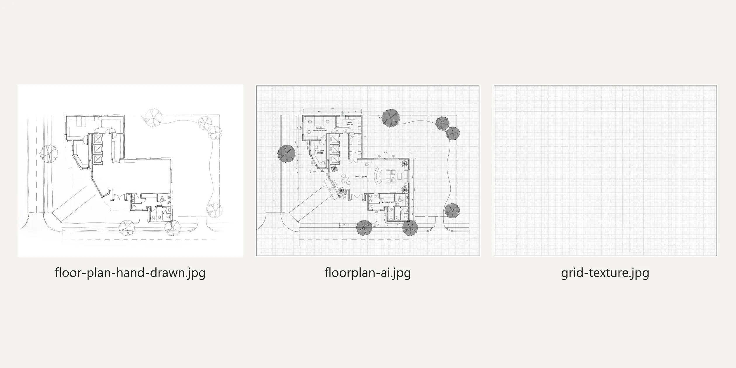 The site's own three textures, from left to right the pencil sketch, the clean floor plan and the grid. The tracing paper's shader reads all three at once, showing the second inside the circle around the cursor and switching to the third on the way from Agentic Refinement to Instant Facades