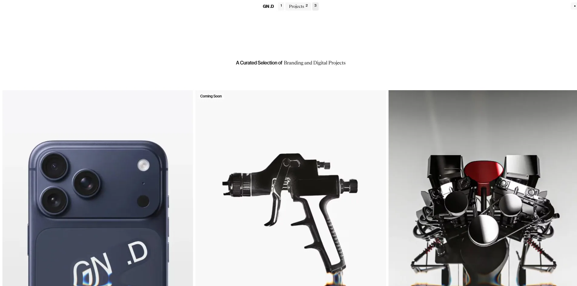 Projects: full-bleed renders in a row, with a headline mixing the two typefaces