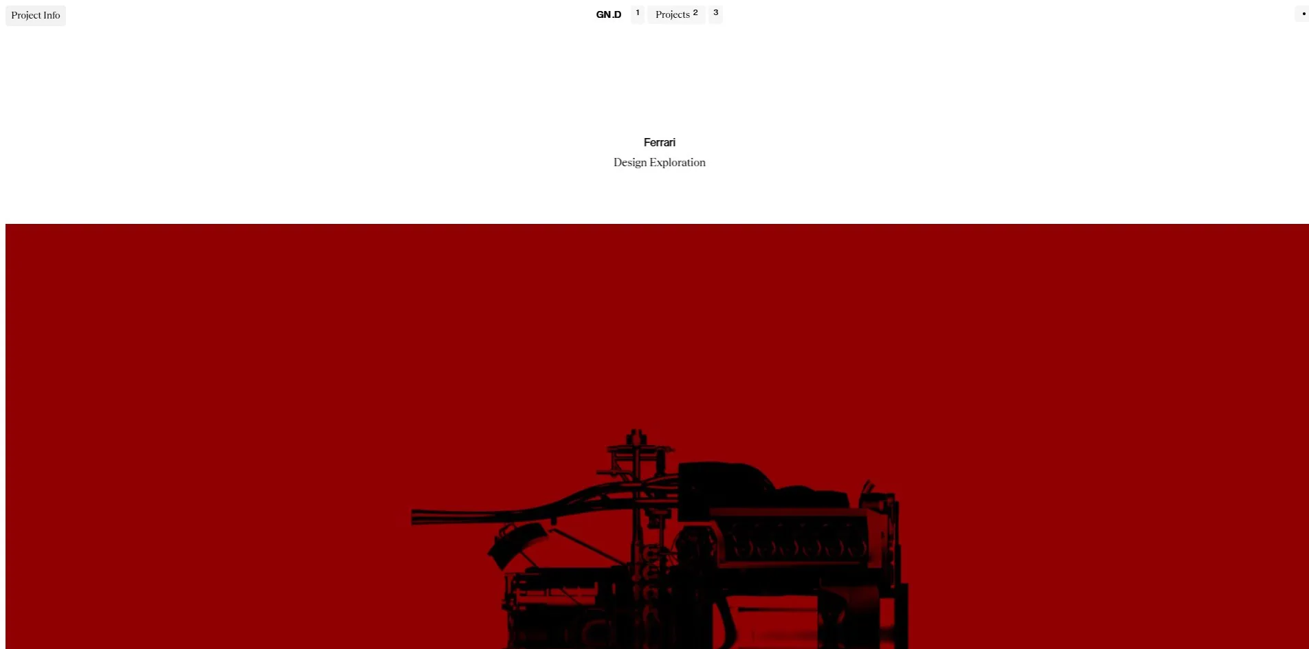 The Ferrari project page: name in bold sans, category in serif, full-bleed red below