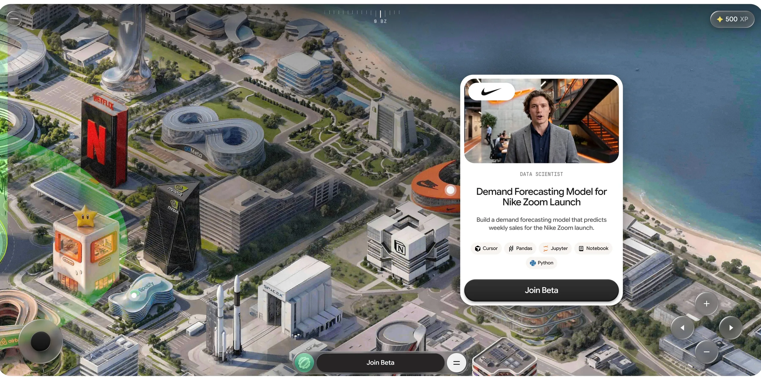 On the city map, a white card floats next to the Nike headquarters. The top of the card is a video of a man explaining the project, below it are DATA SCIENTIST and Demand Forecasting Model for Nike Zoom Launch, then five tool tags for Cursor, Pandas, Jupyter, Notebook and Python and a black Join Beta button. The red Netflix tower and a beach are visible on the left, with a round joystick in the bottom left corner and arrow keys in the bottom right.