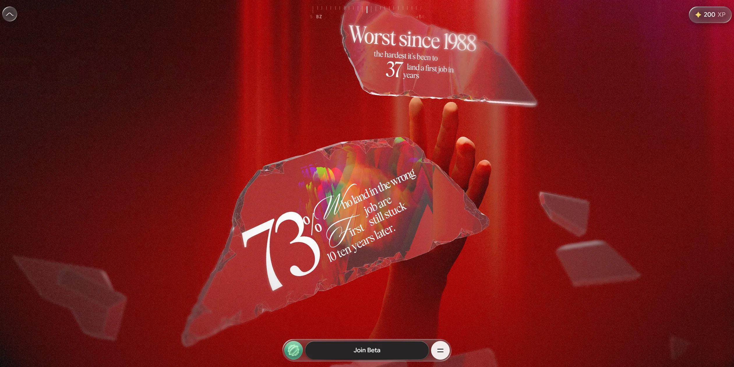 In front of the red curtain of the second act, a shard of glass carries 73% with small text saying that people whose first job is the wrong one are still stuck ten years later, and its edge splits light into a rainbow. A second shard above it reads Worst since 1988, the hardest it has been to land a first job in 37 years, and a real hand reaches up behind the glass.