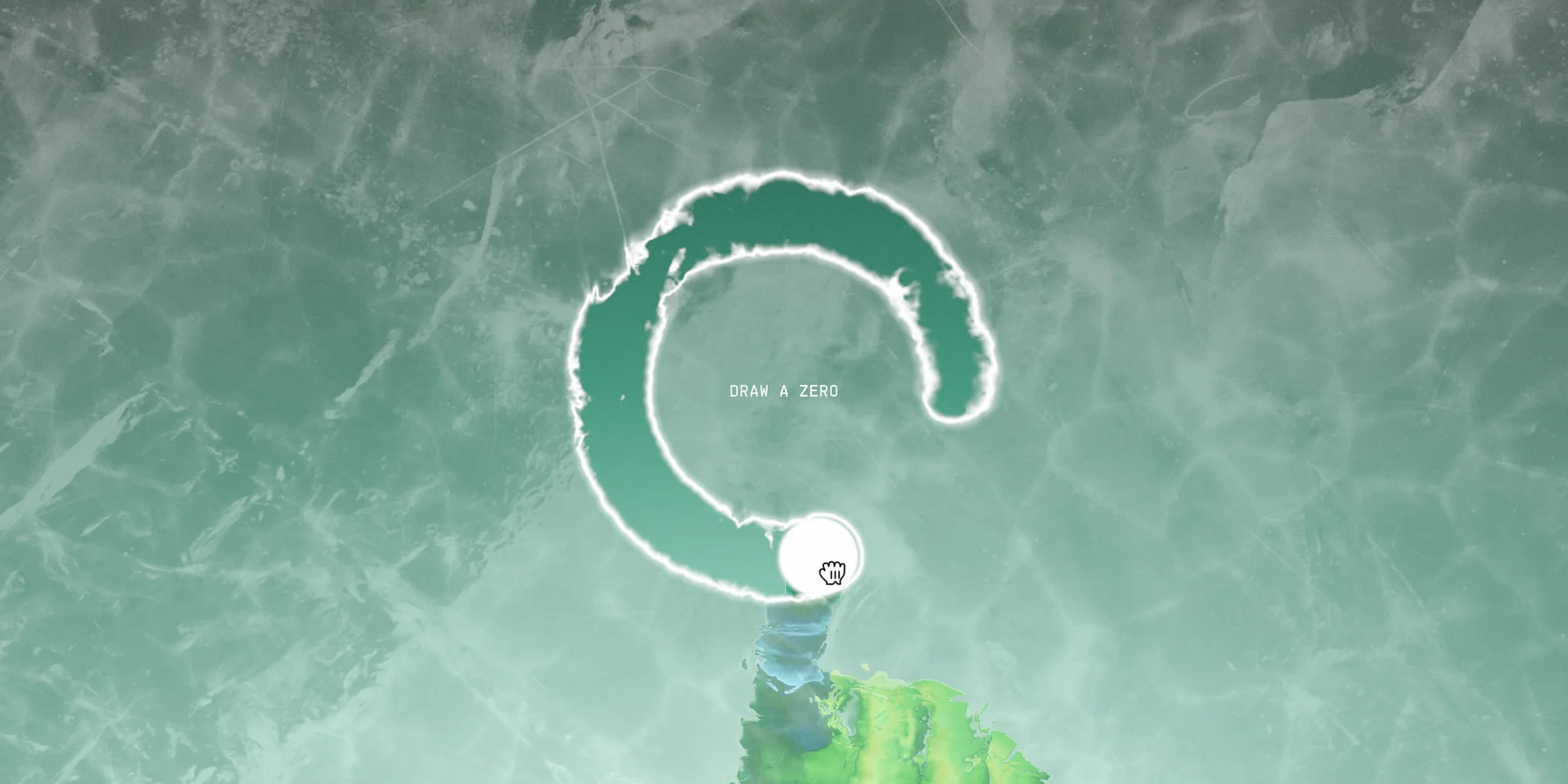 On the frosted ice, three quarters of a zero have melted into a dark teal groove with bright ice crystals along its edges, and the tip of the stroke carries a white dot and the site's own hand cursor. DRAW A ZERO sits in the middle of the ice, and the fingertips of the green hand show at the bottom edge of the screen.