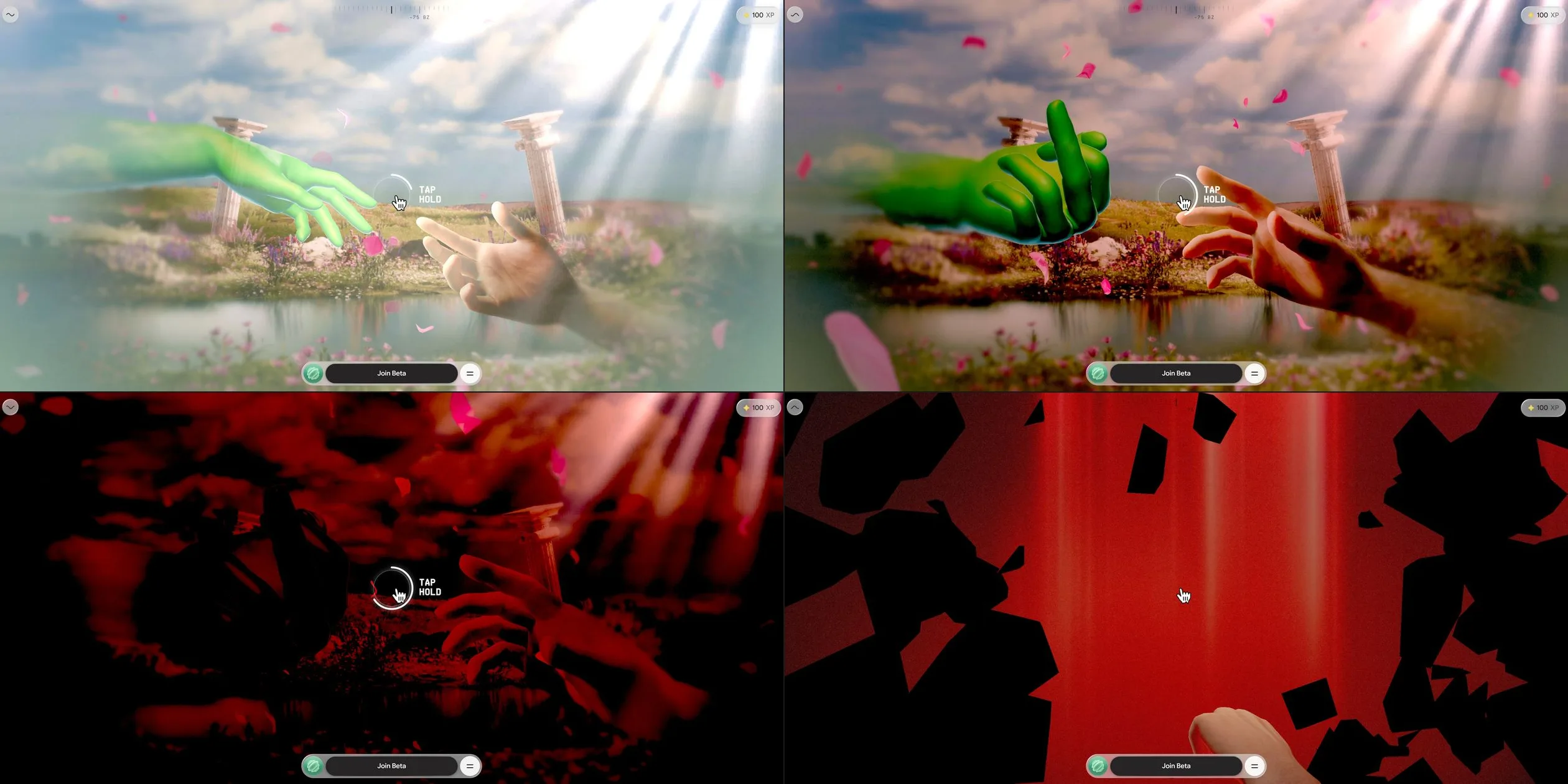 Four frames in a grid show the hold at the end of the first act in order. Top left, the TAP HOLD ring appears between the two hands. Top right, the picture grows denser and the green hand closes into a fist. Bottom left, the whole picture has faded into dark red and black and the ring is almost full. Bottom right, black pieces fly outward and reveal the red curtain with a real hand at the bottom.