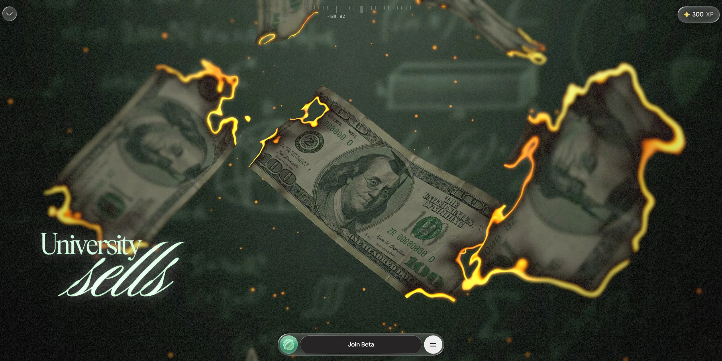 On a dark ink green background with faint formulas like those on a blackboard, several hundred-dollar bills printed with a Z seal and ZR serial numbers are burning, their burn lines thin wavering rims of bright yellow, and the burnt parts have turned black or disappeared. The caption University sells sits in the bottom left corner.