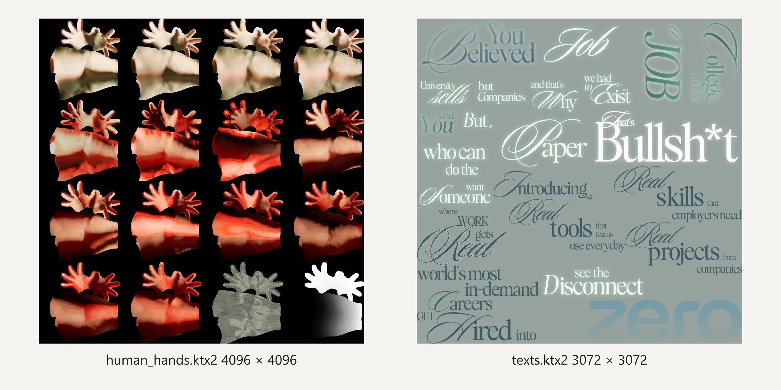 The site's own two atlases, decoded and placed side by side. On the left is the 4096-pixel hand atlas, four by four with 16 cells, 14 of which are the same pair of hands with lighting baked for different keyframes, while the two cells at the bottom right are a grey texture and a white mask. On the right is the 3072-pixel caption atlas, with more than thirty captions drawn onto the one image. The grey-green background was added so the light lettering shows, and the original is transparent