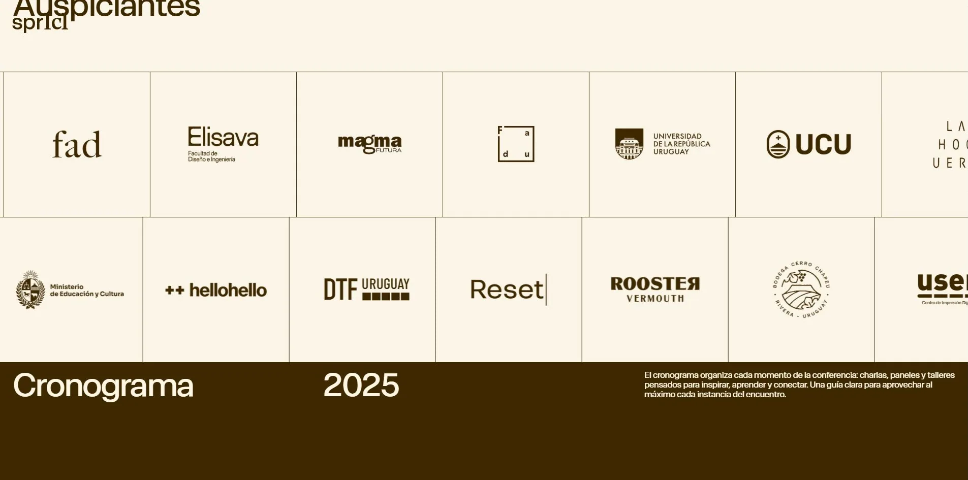 Sponsors: logos flattened to one brown, in an even grid on cream