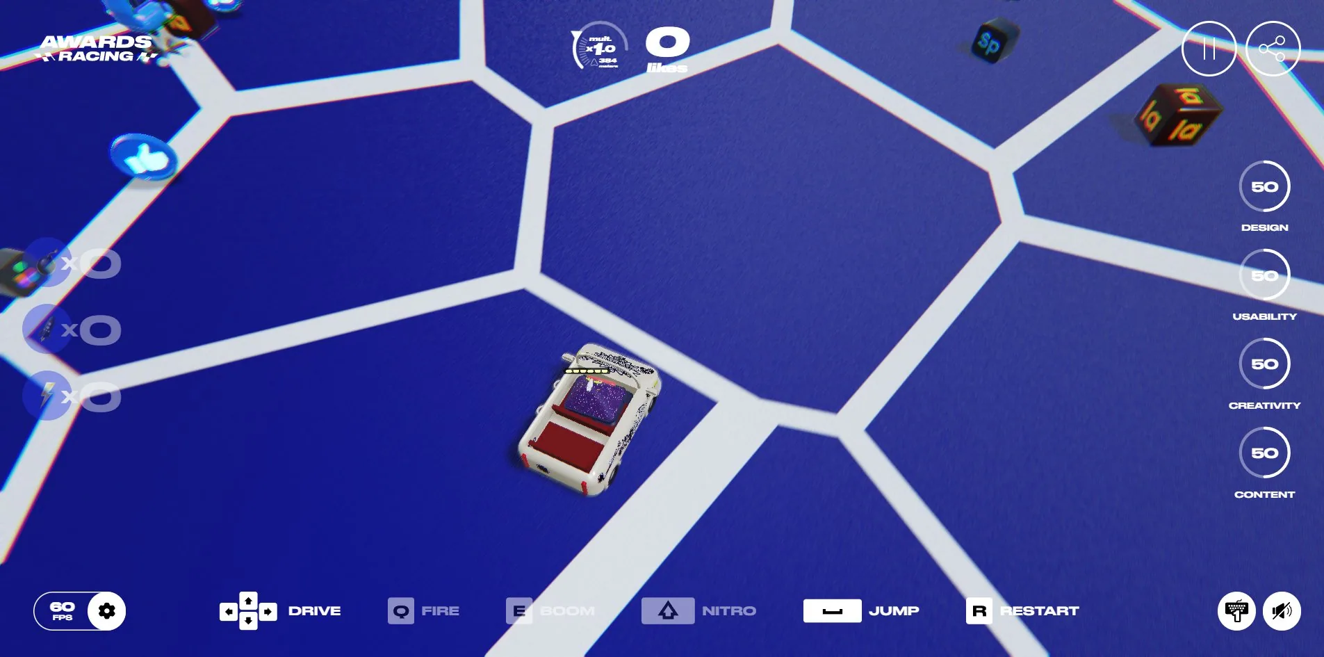Obstacles: app-icon cubes floating over the track, with chromatic fringing at the edges