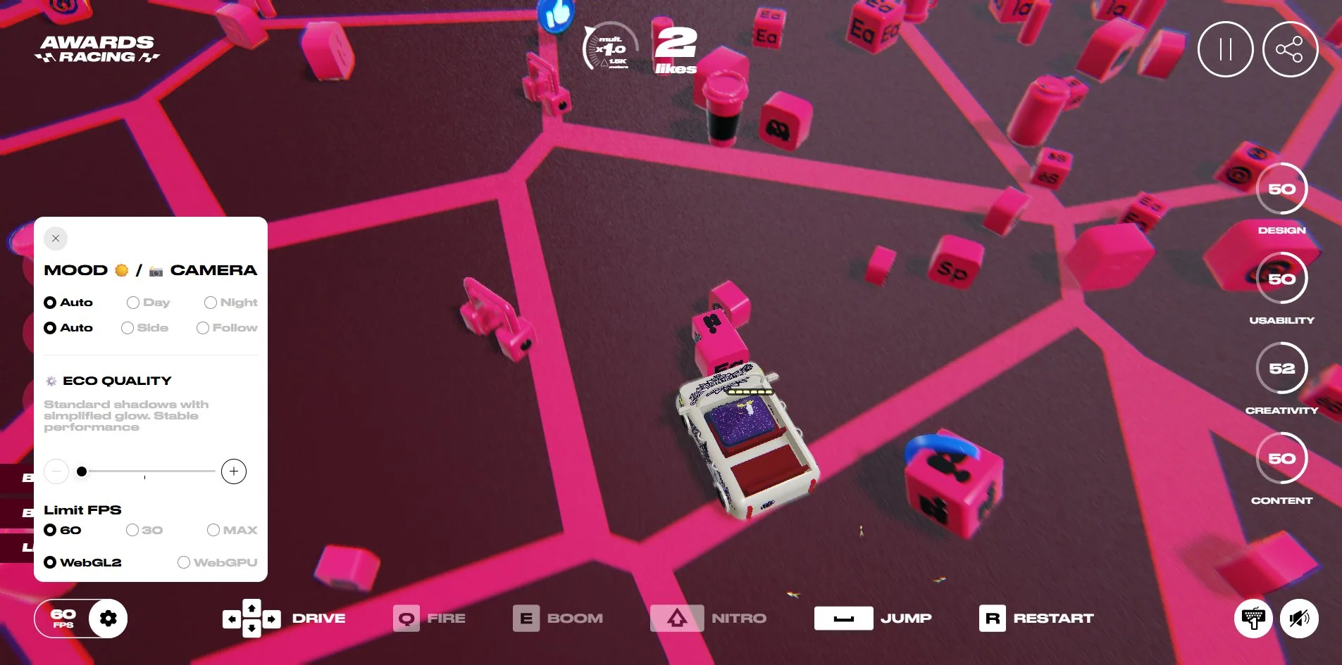 The settings panel: mood, camera, quality, frame cap, and the renderer backend at the bottom