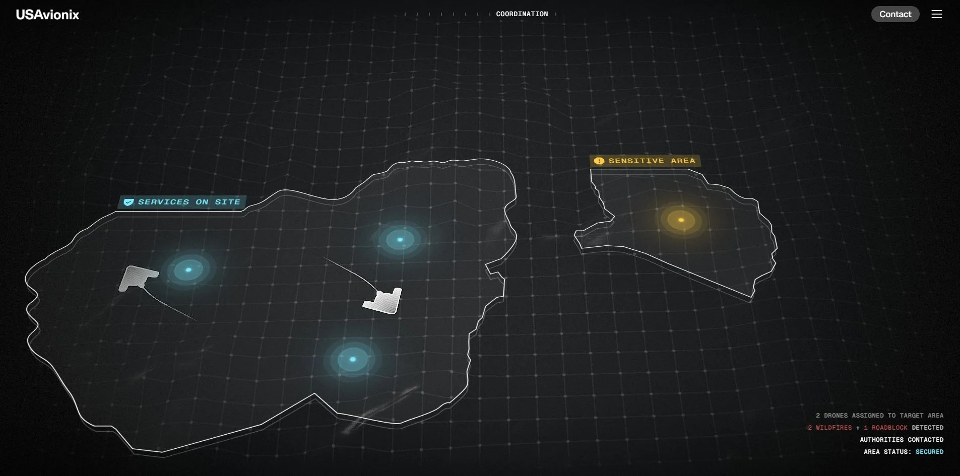 COORDINATION: cyan and amber zones outlined over wireframe terrain