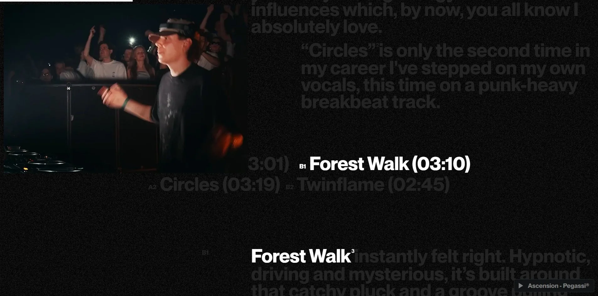 The tracklist: numbered by vinyl side, the playing track in white