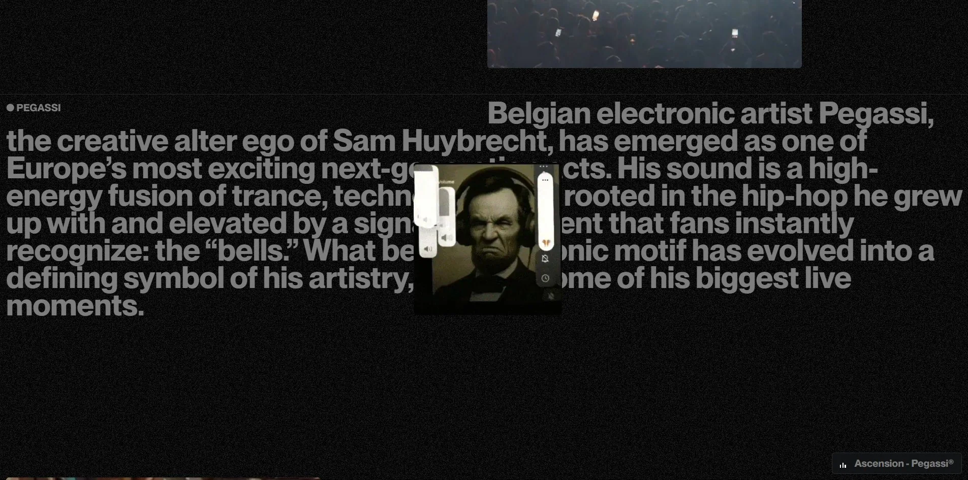 The bio: large dark-grey type overlapping itself, with a meme GIF set into it