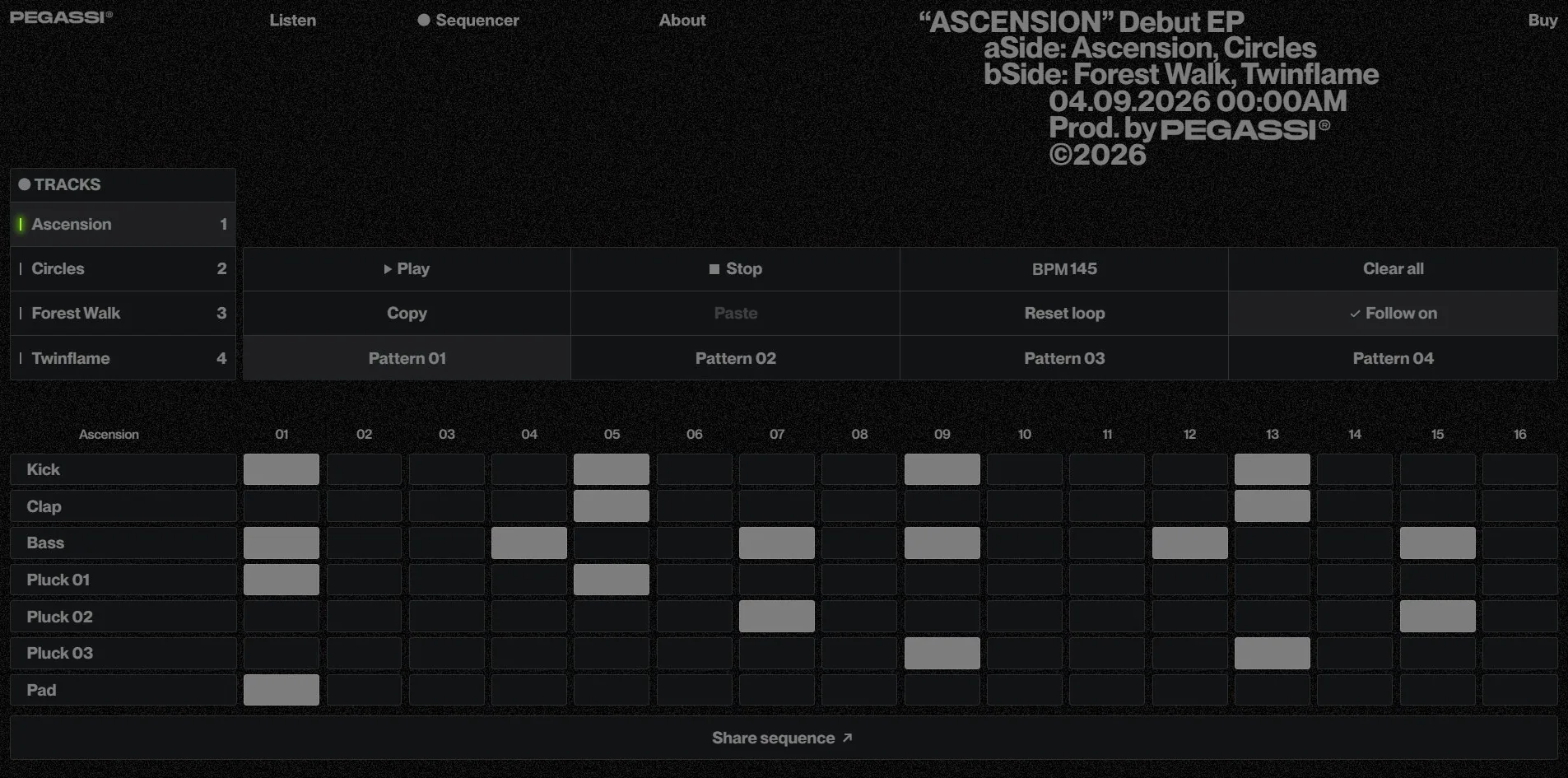 The sequencer: 16 steps across 7 lanes, a preset pattern per track, sharing at the bottom