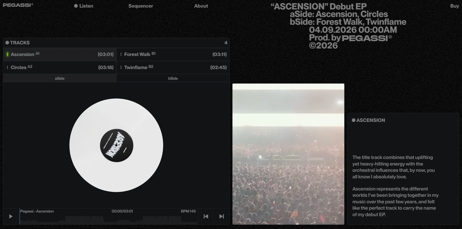 The player: white vinyl turning, waveform transport, live footage and notes on the right