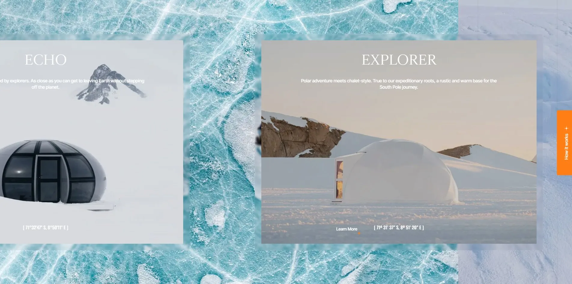 The camps: two glass cards travelling across blue ice, coordinates printed under each
