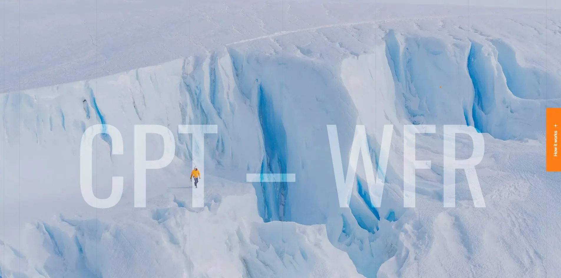 The flight: CPT — WFR over a glacier photograph holding one figure in orange