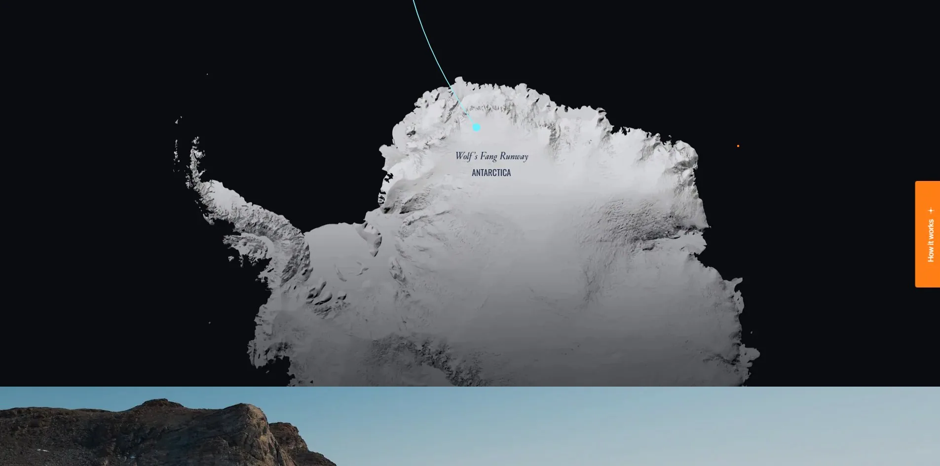The map: a terrain image on black, a cyan curve landing on a pulsing dot