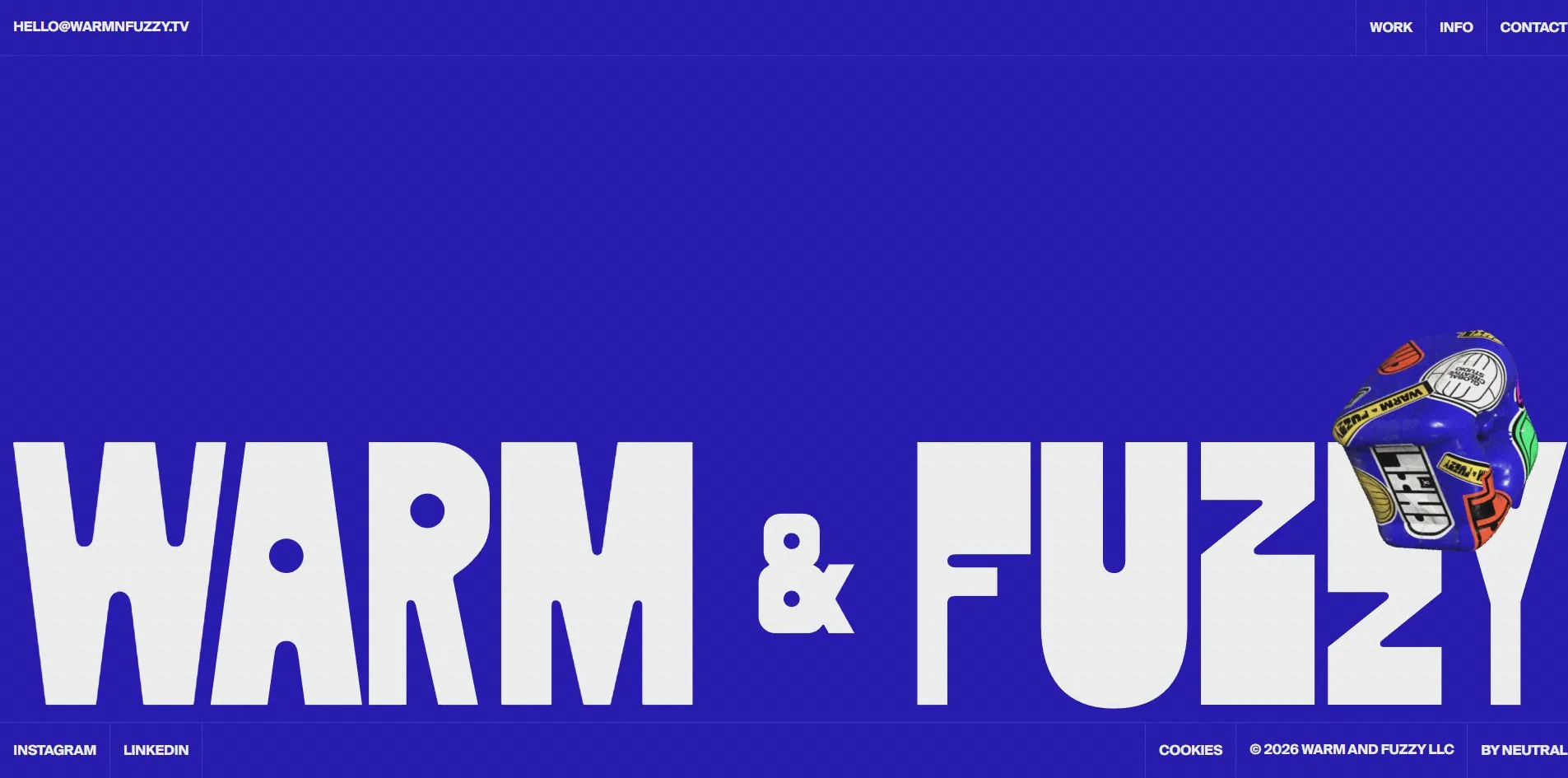 The footer: an extremely round heavy grotesque across the full width, with a 3D object dropped between the letters