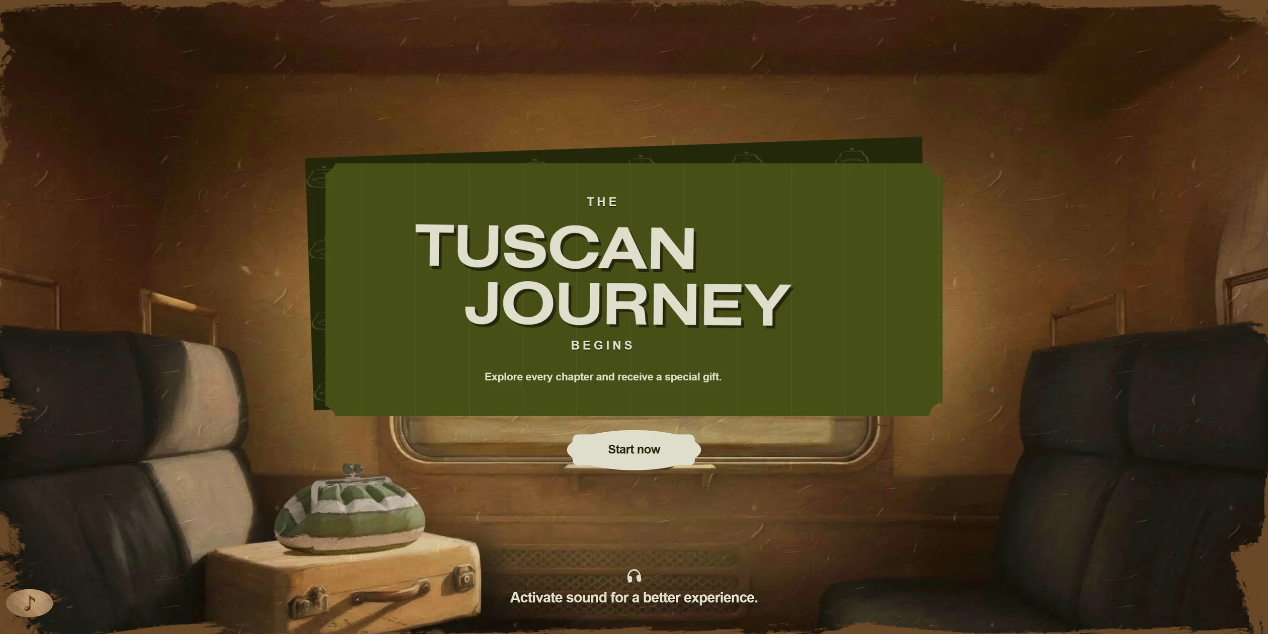 Opening train compartment with an olive ticket reading THE TUSCAN JOURNEY BEGINS