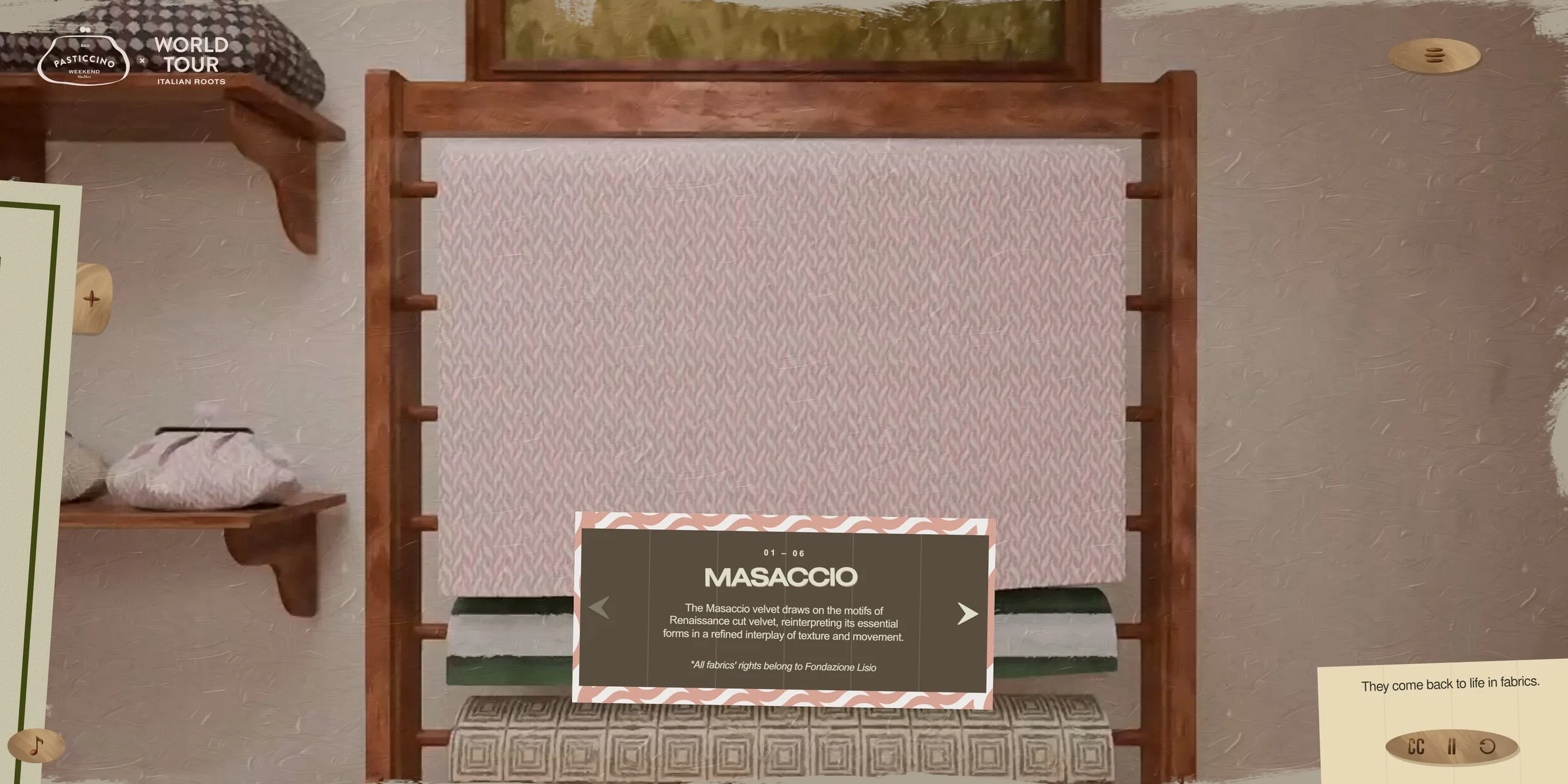 Chapter one rack with the velvet MASACCIO and its label card