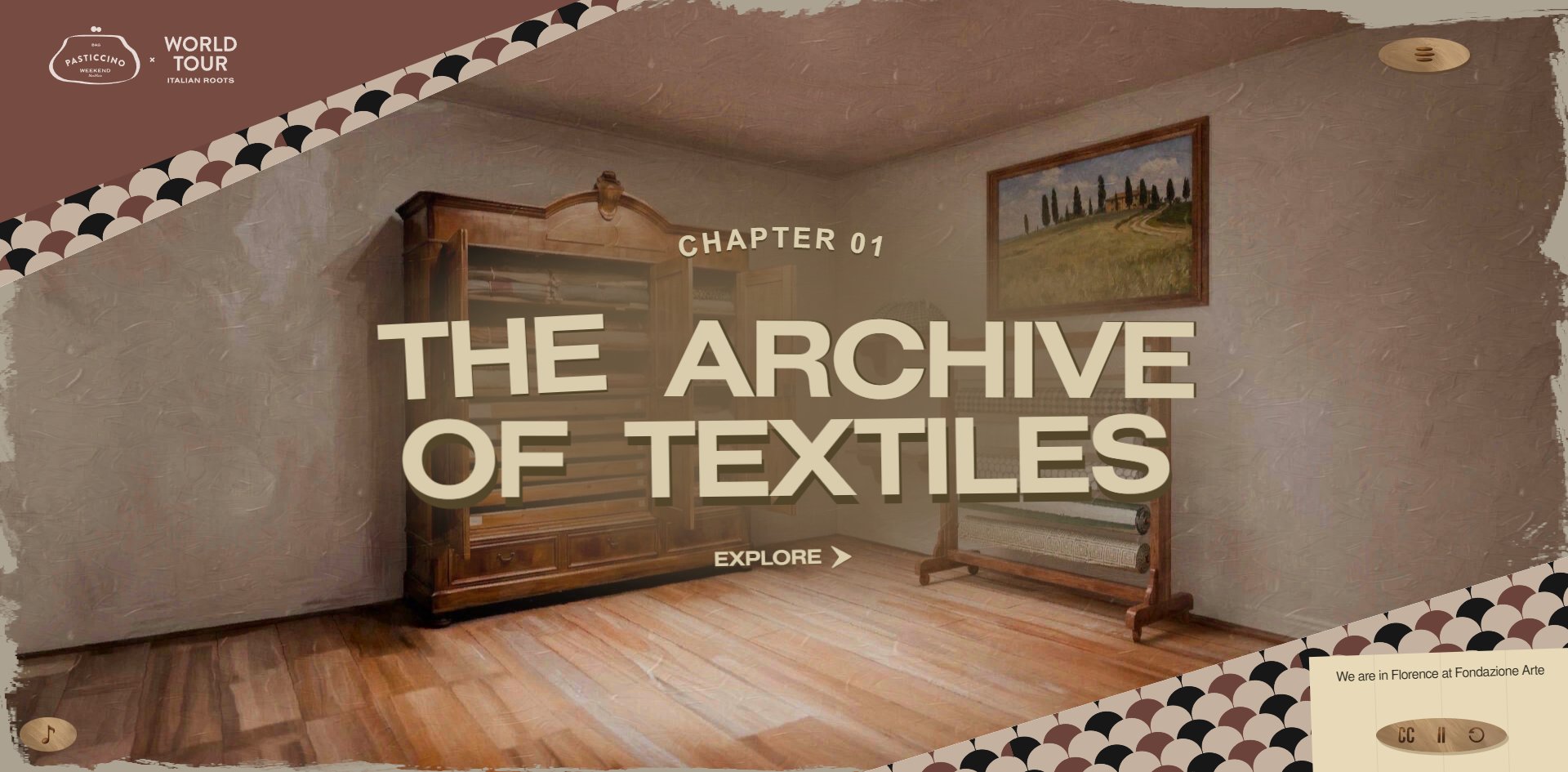A chapter title screen: diagonal scallops, the maroon triangle and the lockup