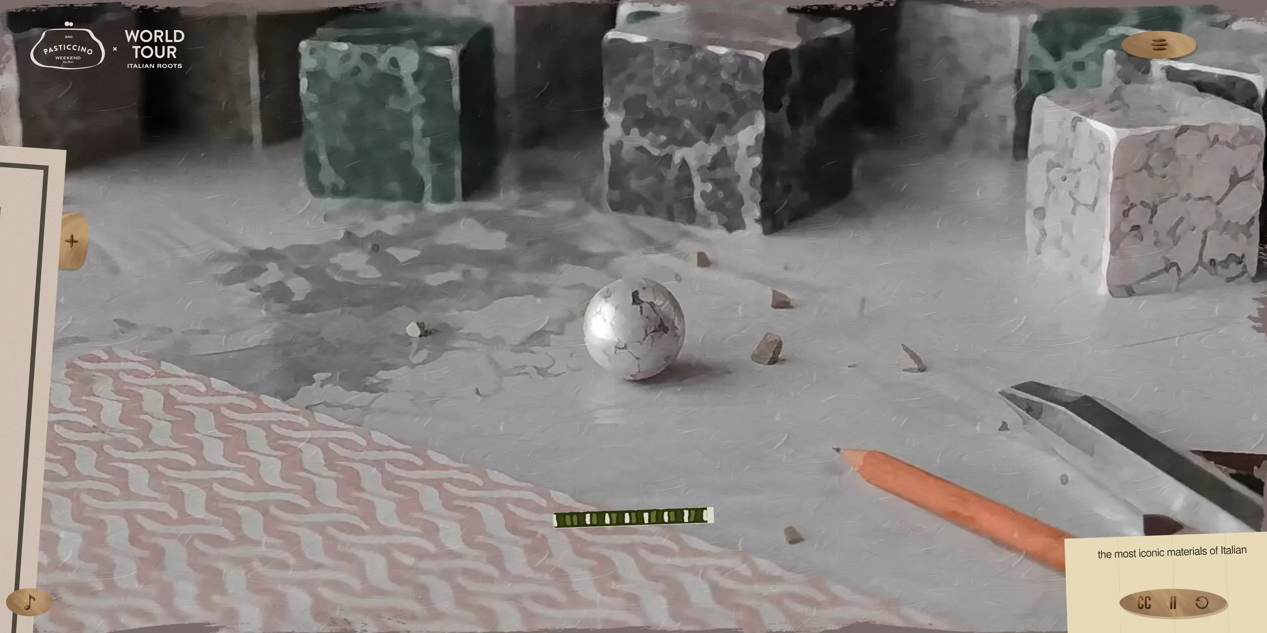 Chapter two: a marble block carved into a veined bead while the mouse is held down
