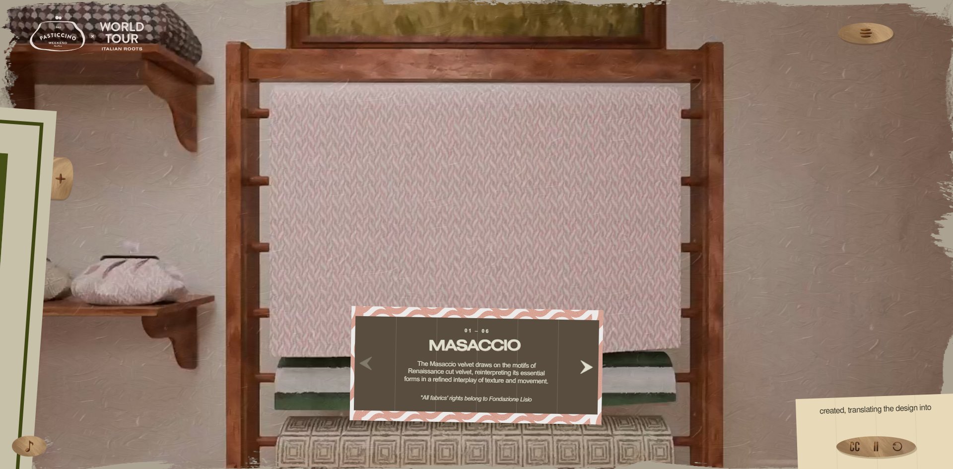The caption card built like a museum label, with a patterned border and a rights line underneath