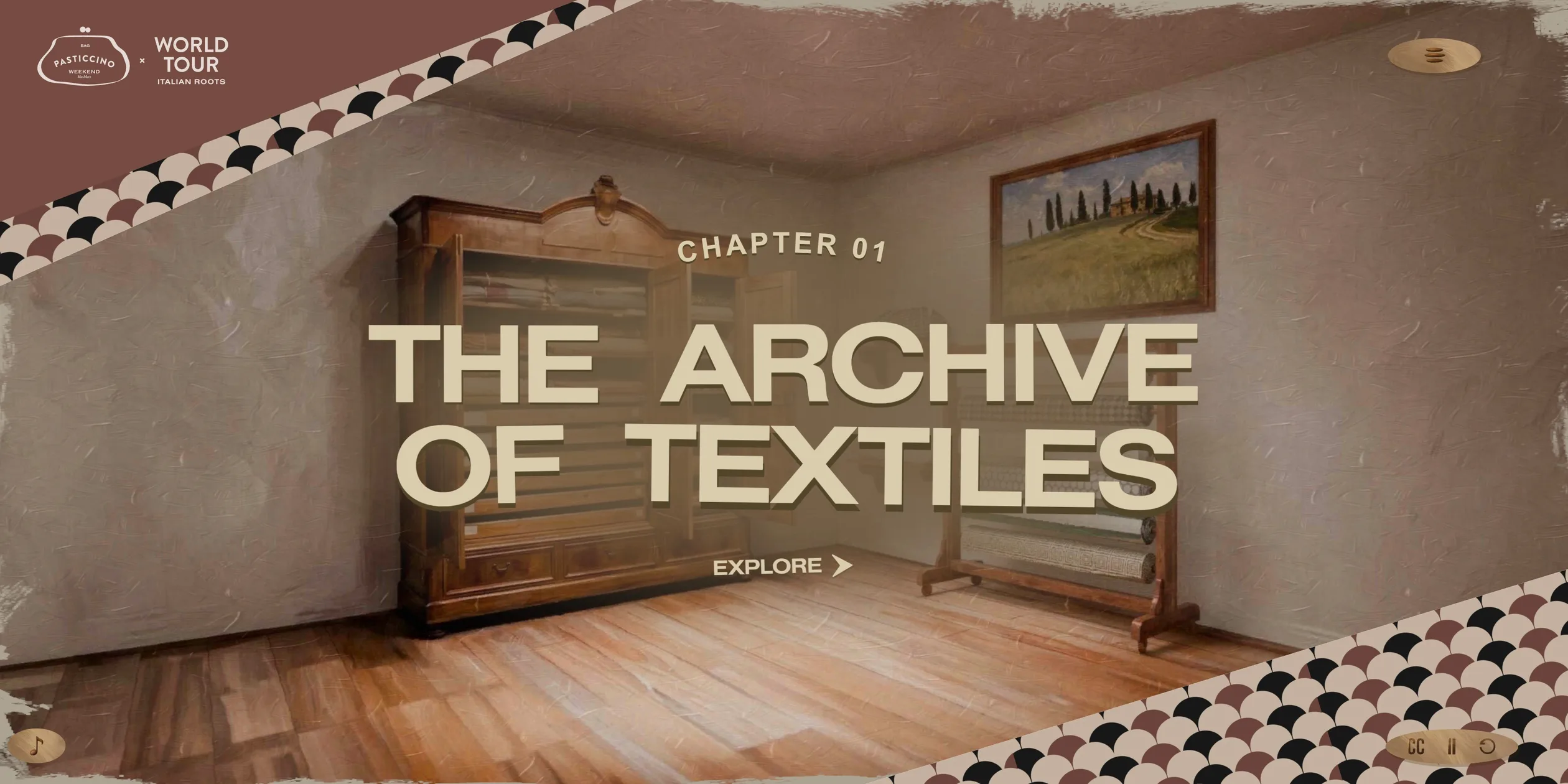 Chapter one title page, THE ARCHIVE OF TEXTILES, with fish-scale bands