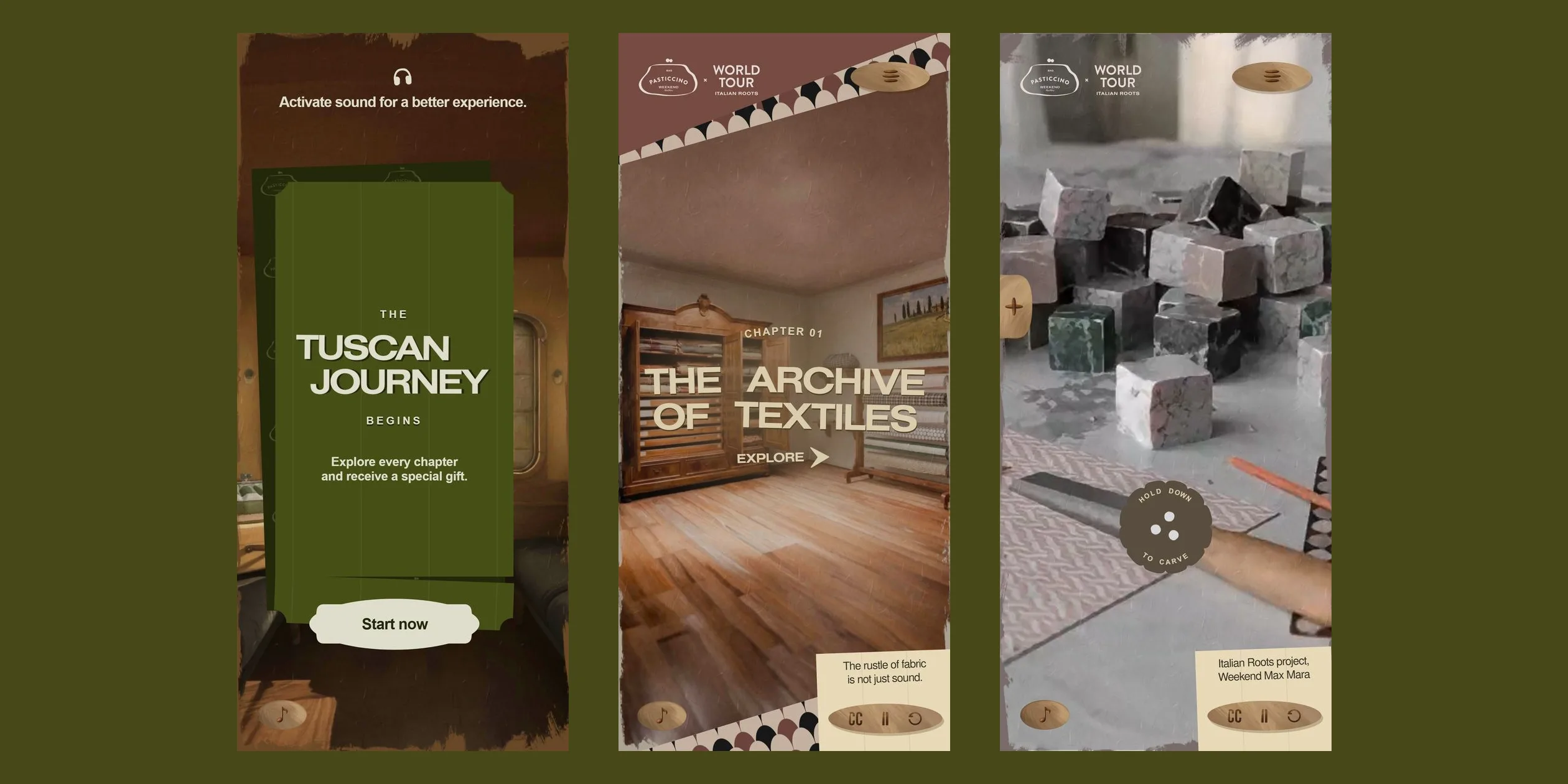 Three phone screens: the upright ticket, a chapter title and the HOLD DOWN TO CARVE badge