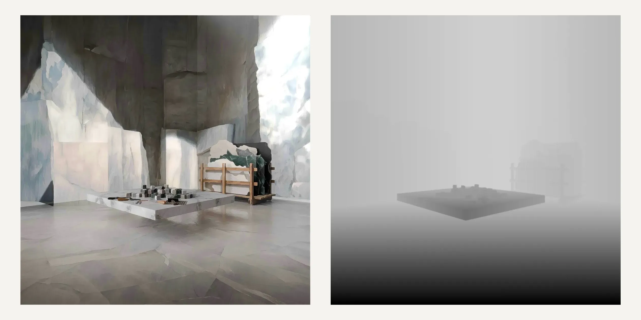 The chapter two quarry painting beside its depth map